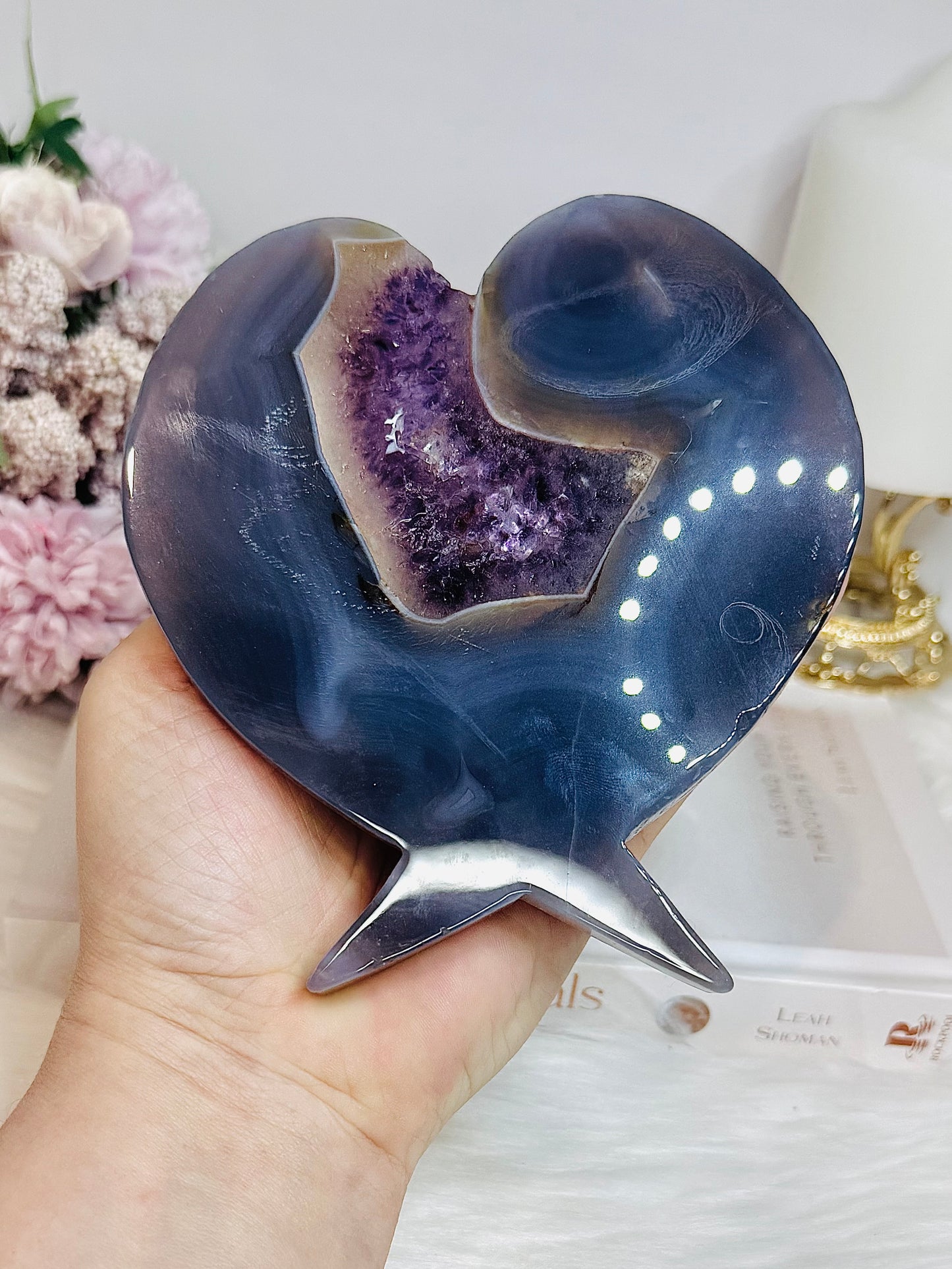 Large Amethyst Druzy Agate Heart on Stand 551g