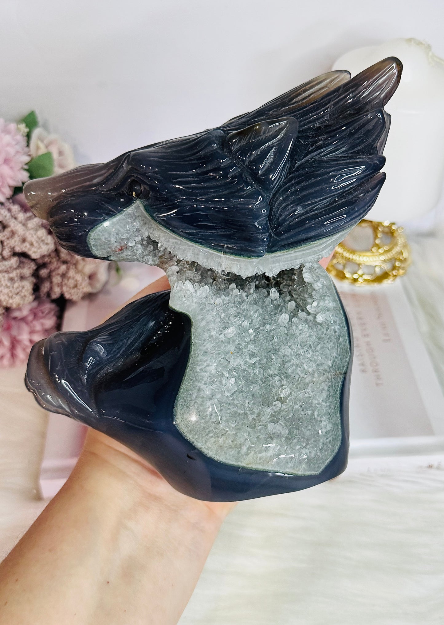MASTERPIECE ~ Huge Agate Carved Druzy Wolf 16cm 1.3KG