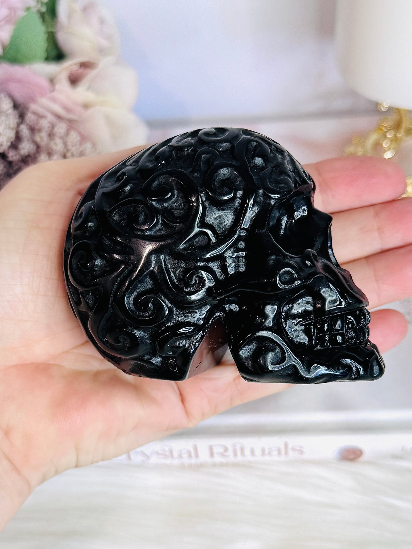 Black Obsidian Filigree Carved Skull 9cm 417g