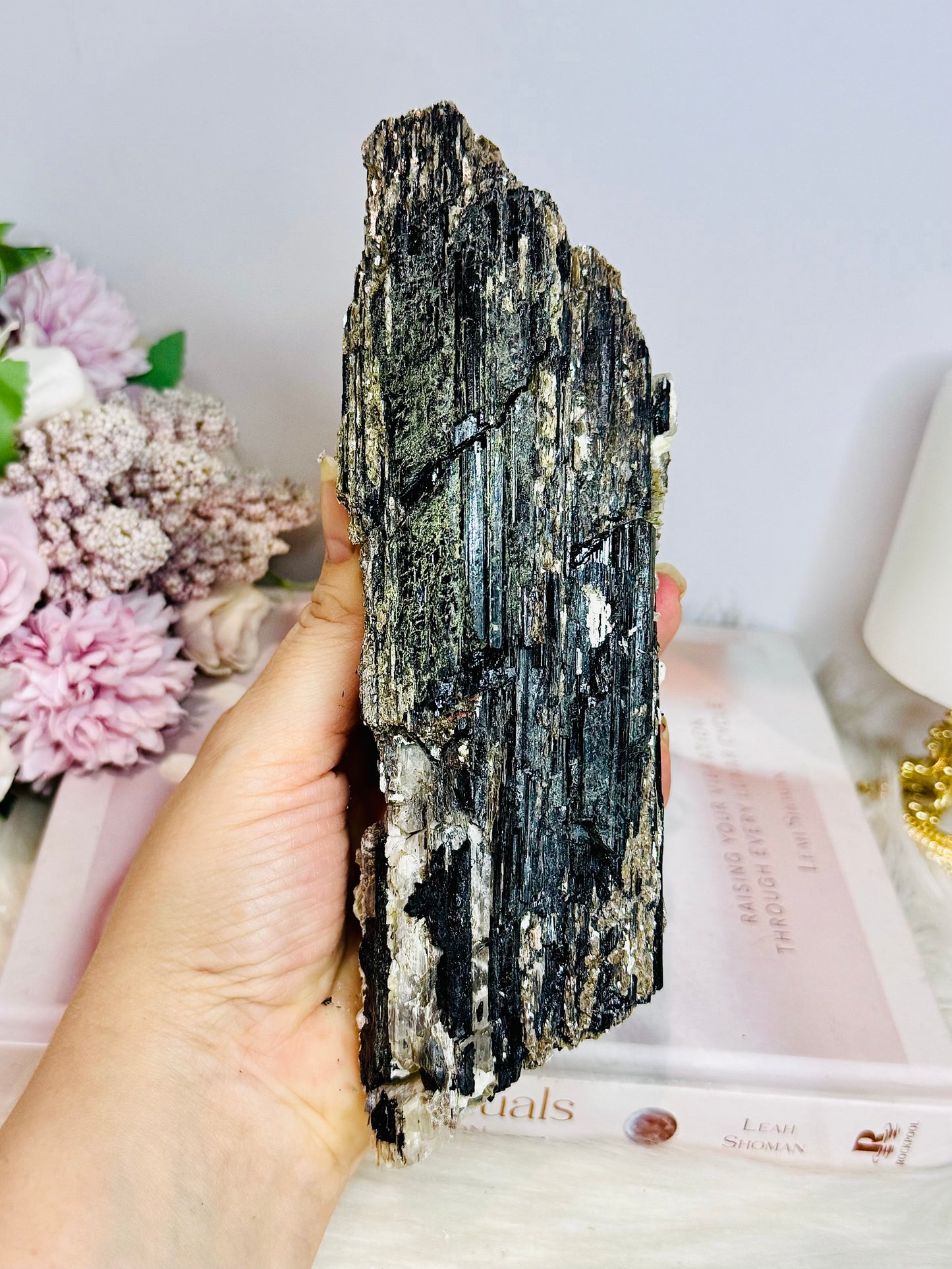 Large Natural Black Tourmaline Specimen with Mica Inclusions On Stand 18cm 782g