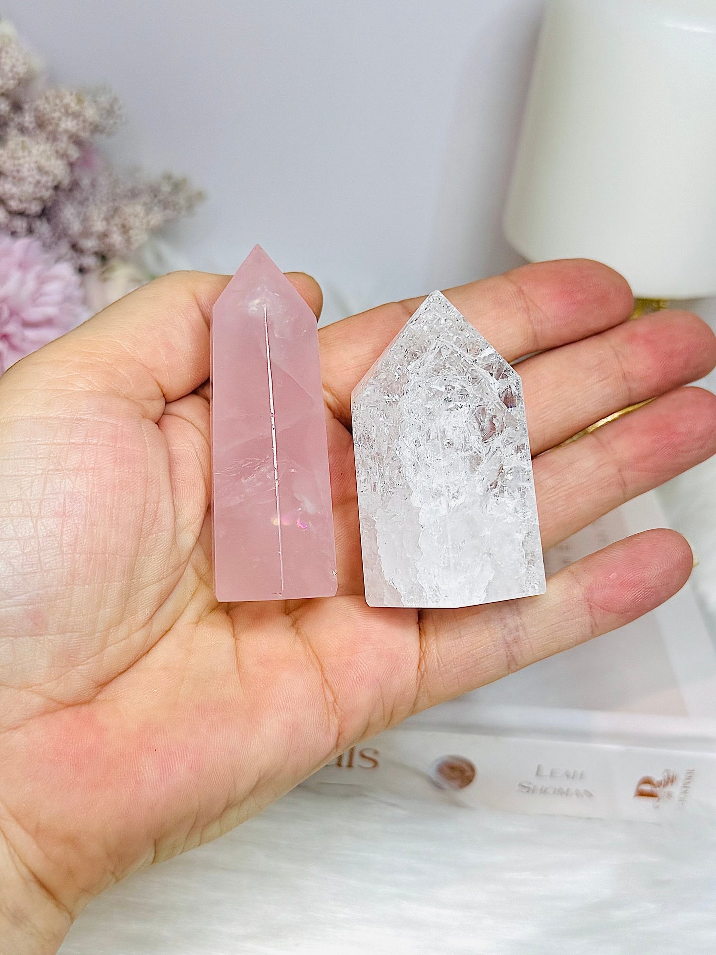 Rose Quartz Tower with Fire Ice Quartz Tower 6cm
