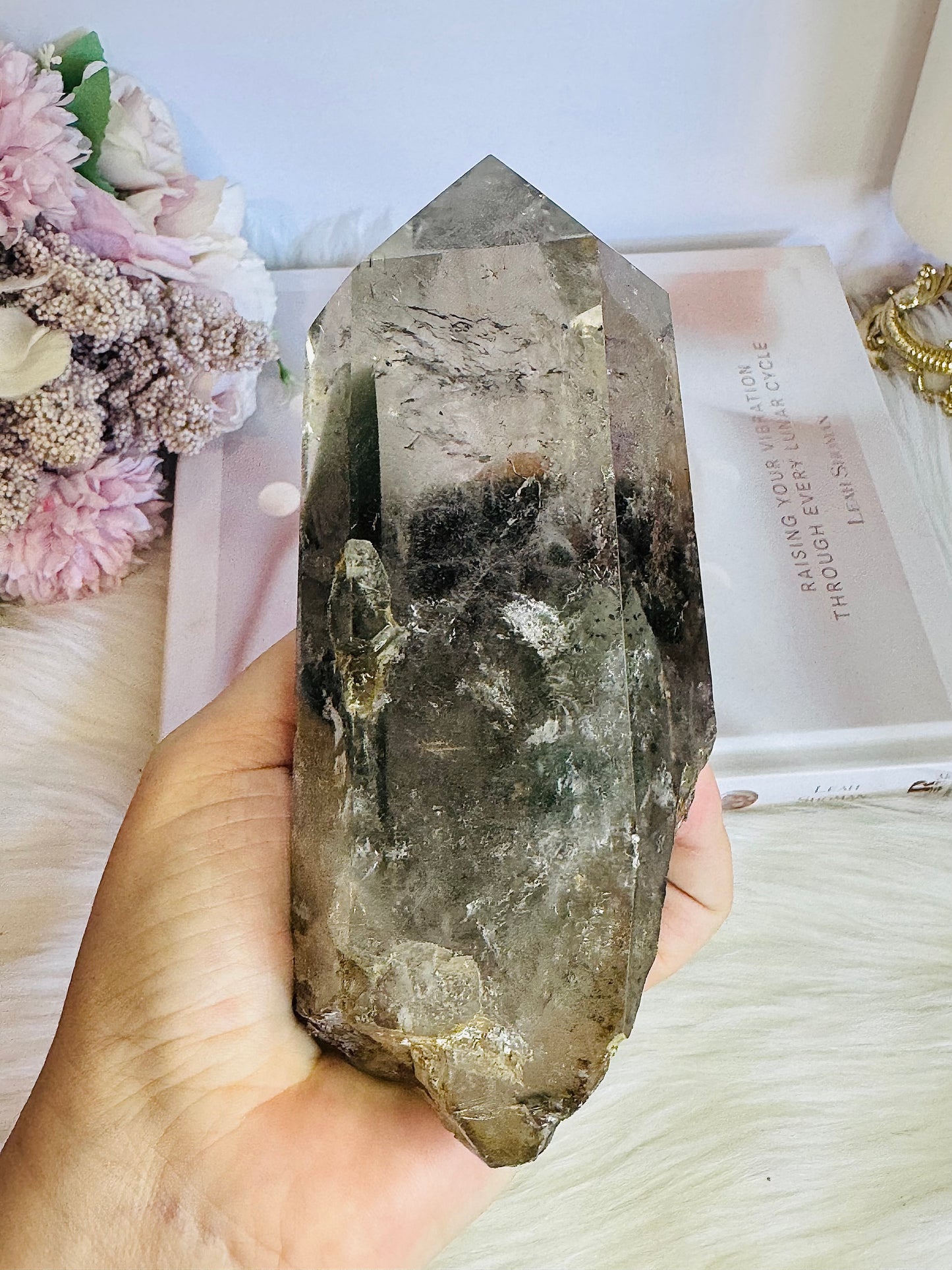 Stunning Large Garden Quartz | Lodolite Tower on Timber Base 938grams 27cm
