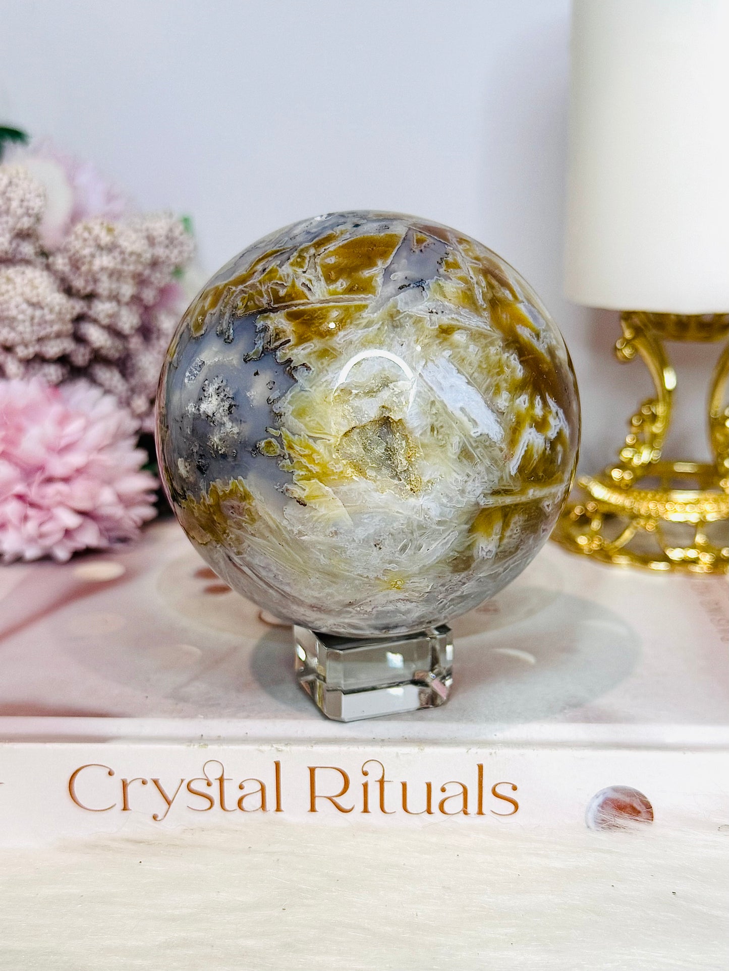Large Ocean Jasper Rutile Druzy Sphere on Stand