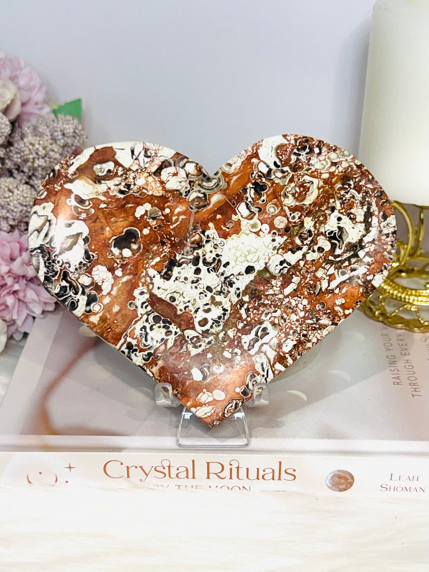 Large Money Agate Carved Heart on Stand 15cm