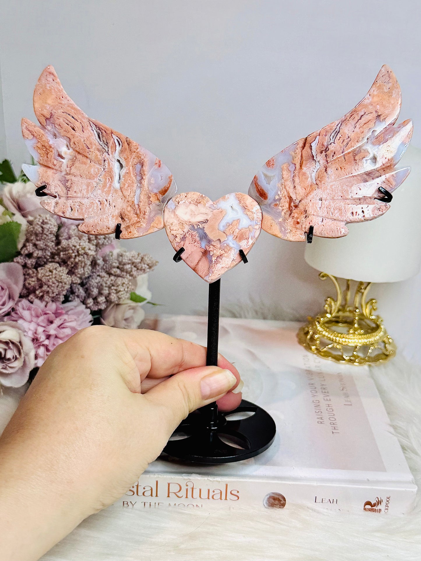Pink Druzy Agate Wings & Heart on Stand 18cm Tall