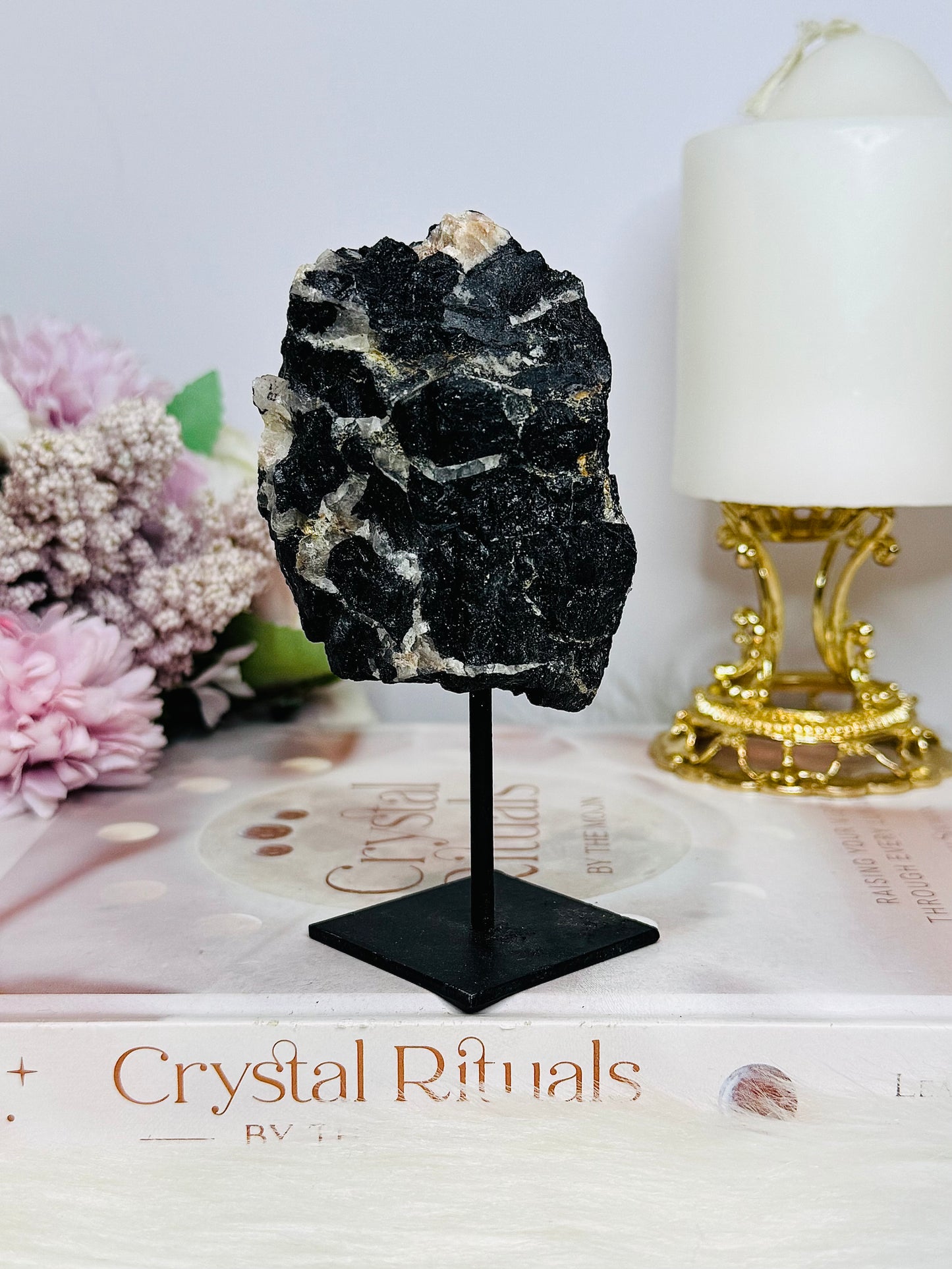 Black Tourmaline In Matrix Natural Specimen on Stand 12cm