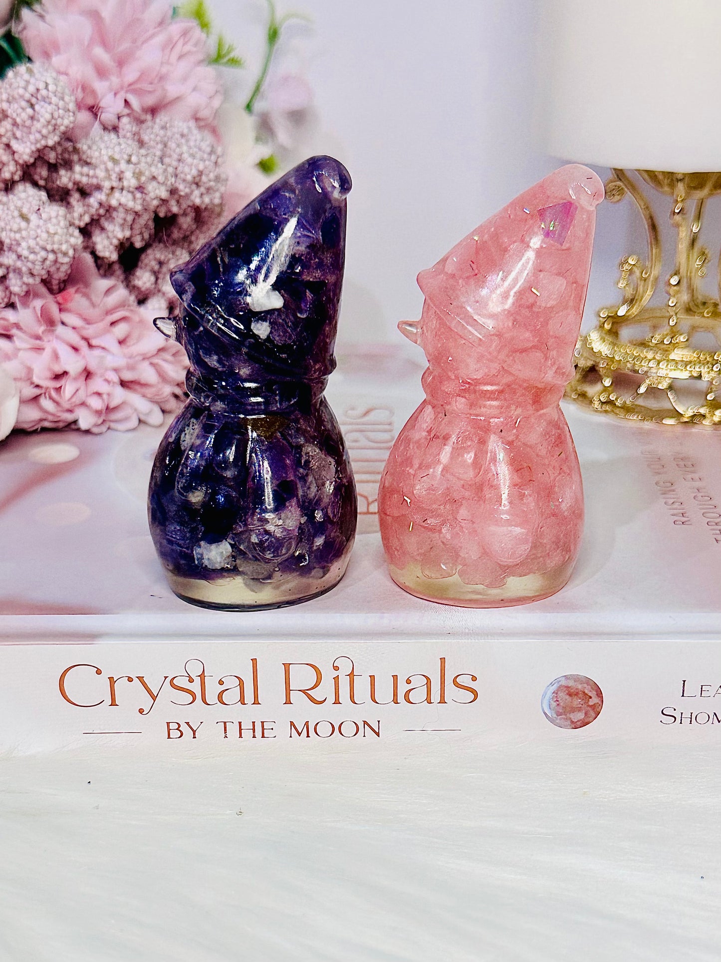 Beautiful Set of 2 Christmas Resin Snowman Crystals Amethyst & Rose Quartz