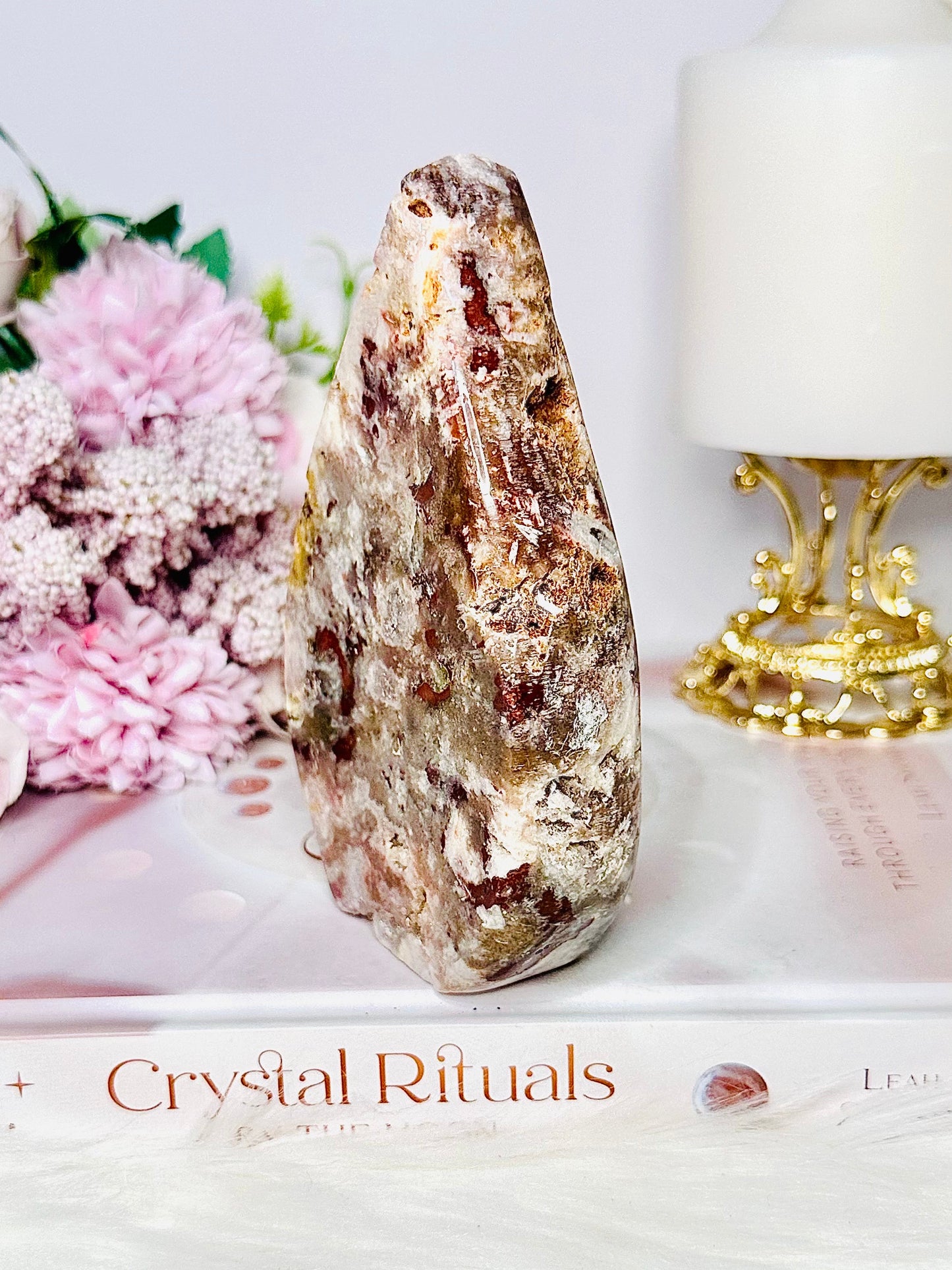 Pink Amethyst Carved Flame | Freeform with Red Jasper Inclusions 12cm 441grams From Brazil