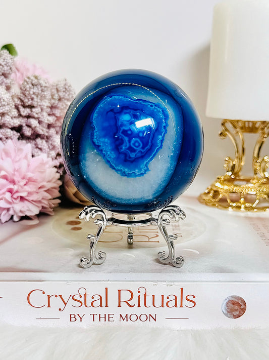 Gorgeous Large 449gram Blue Agate (dyed) Sphere On Stand