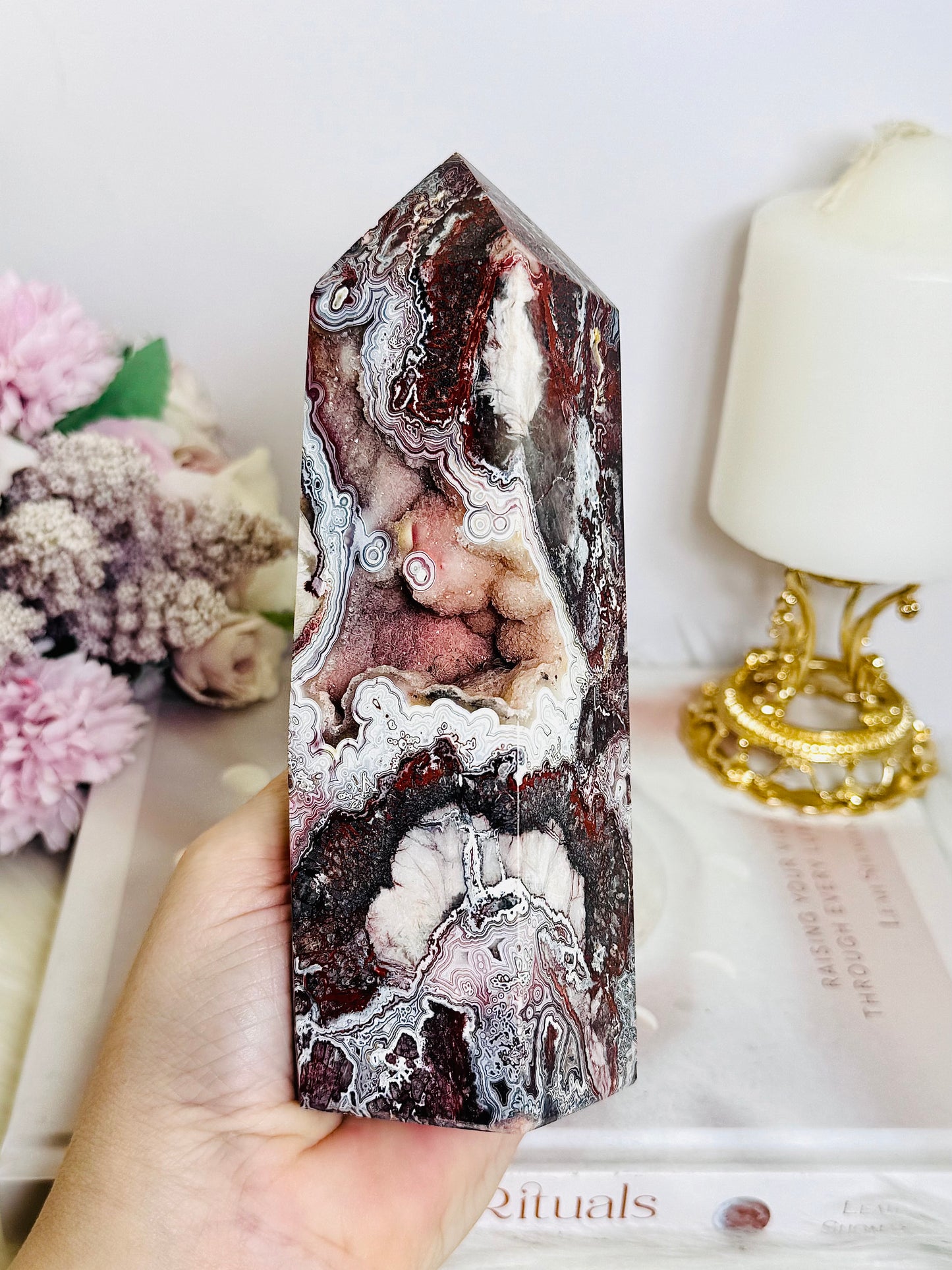 High Grade Druzy Mexican Lace Agate Chunky Tower 635g 16cm