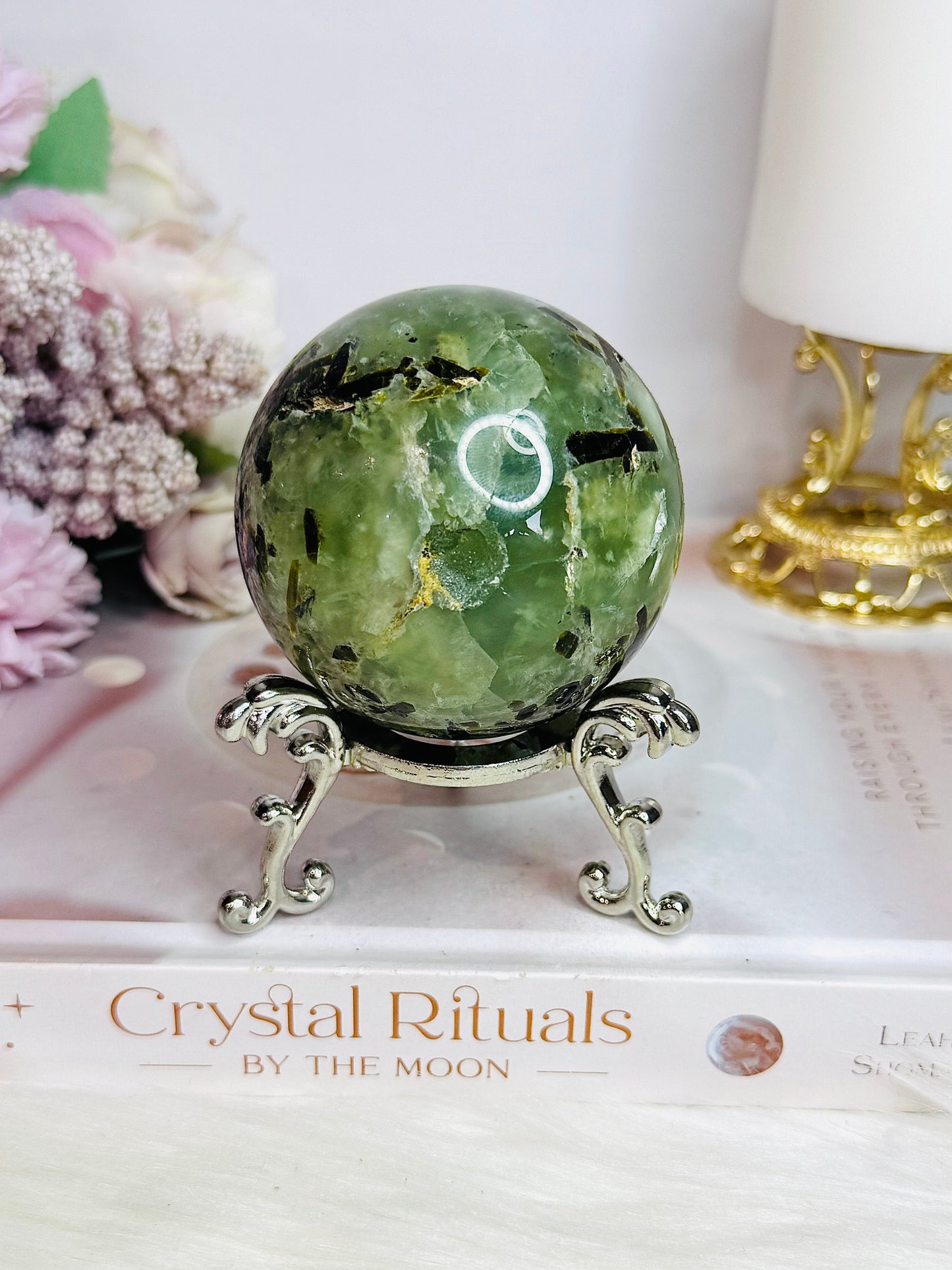 Large Prehnite with Epidote Sphere on Stand 412g (Sphere has an imperfection)