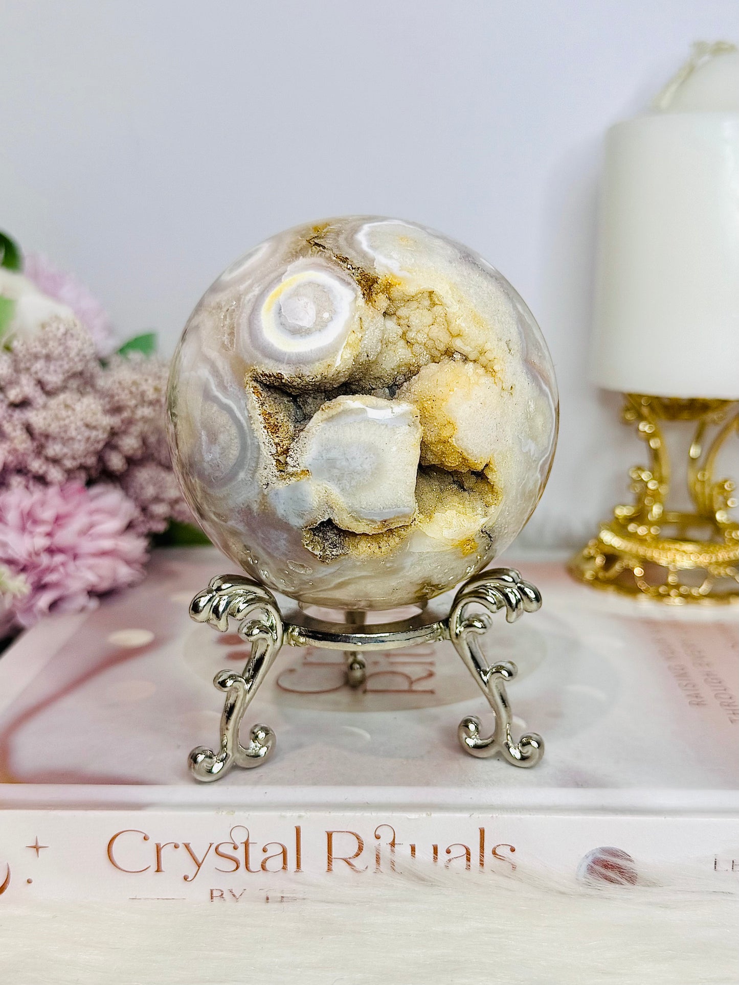 Large Flower Agate Druzy Sphere 646g On Stand