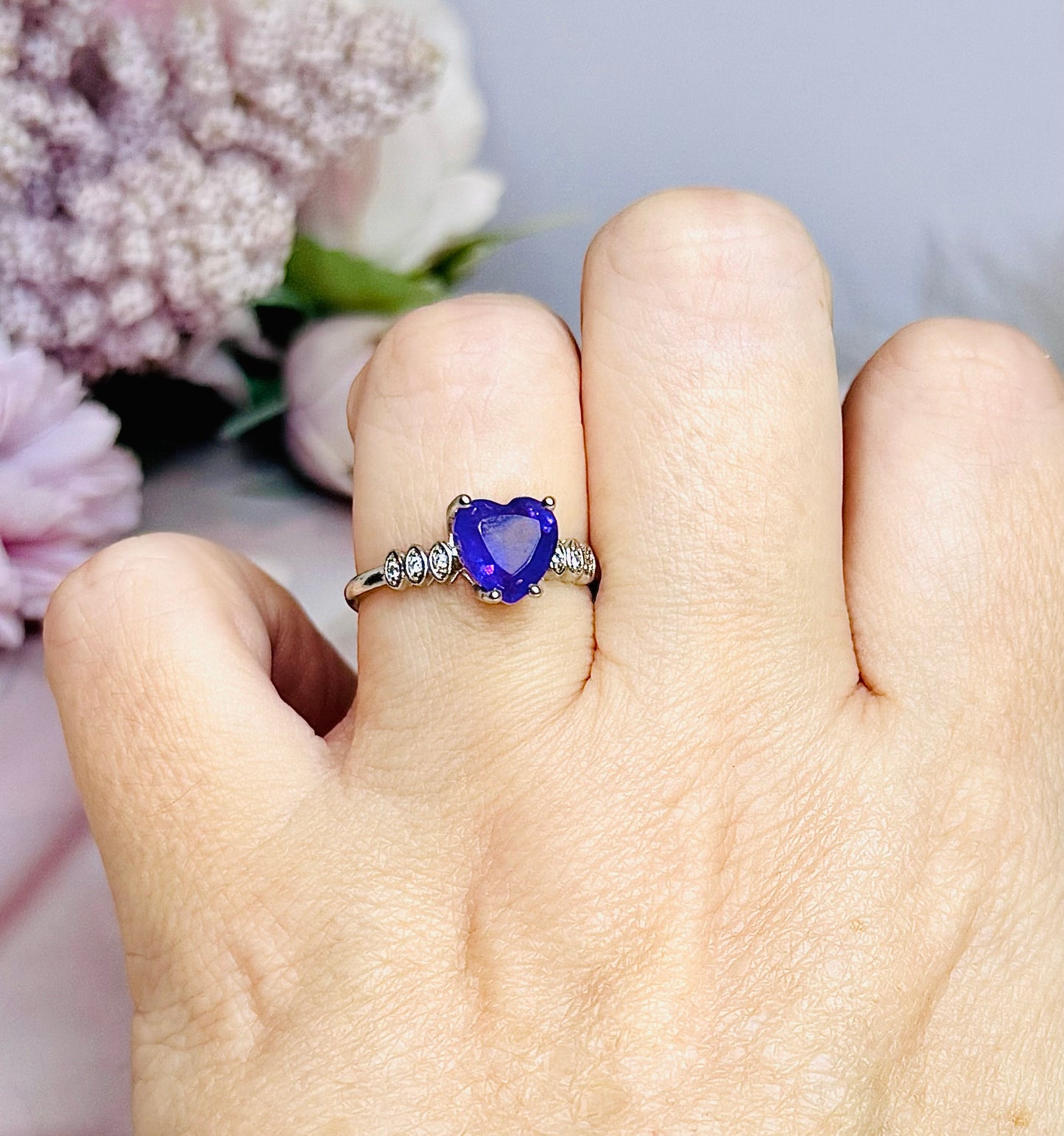 Amethyst Heart Silver Adjustable Ring In Gift Bag