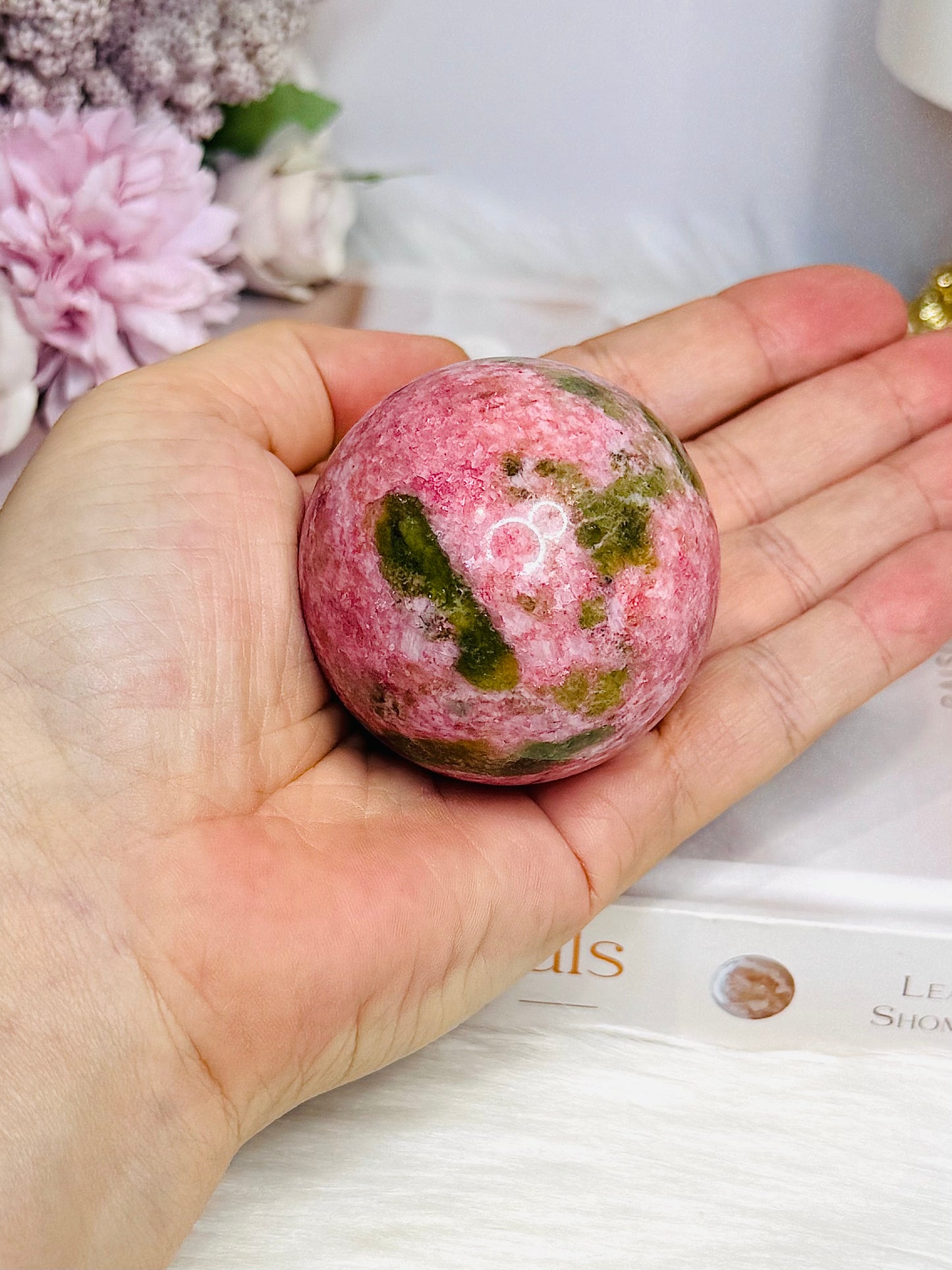 Thulite Sphere with Epidote 201g On Stand