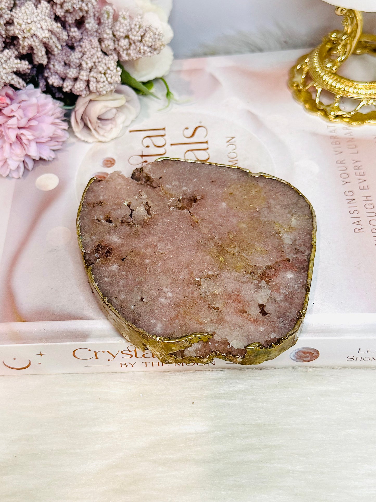 Large Pink Amethyst Druzy Chunky Coaster with Gold Plating 285g