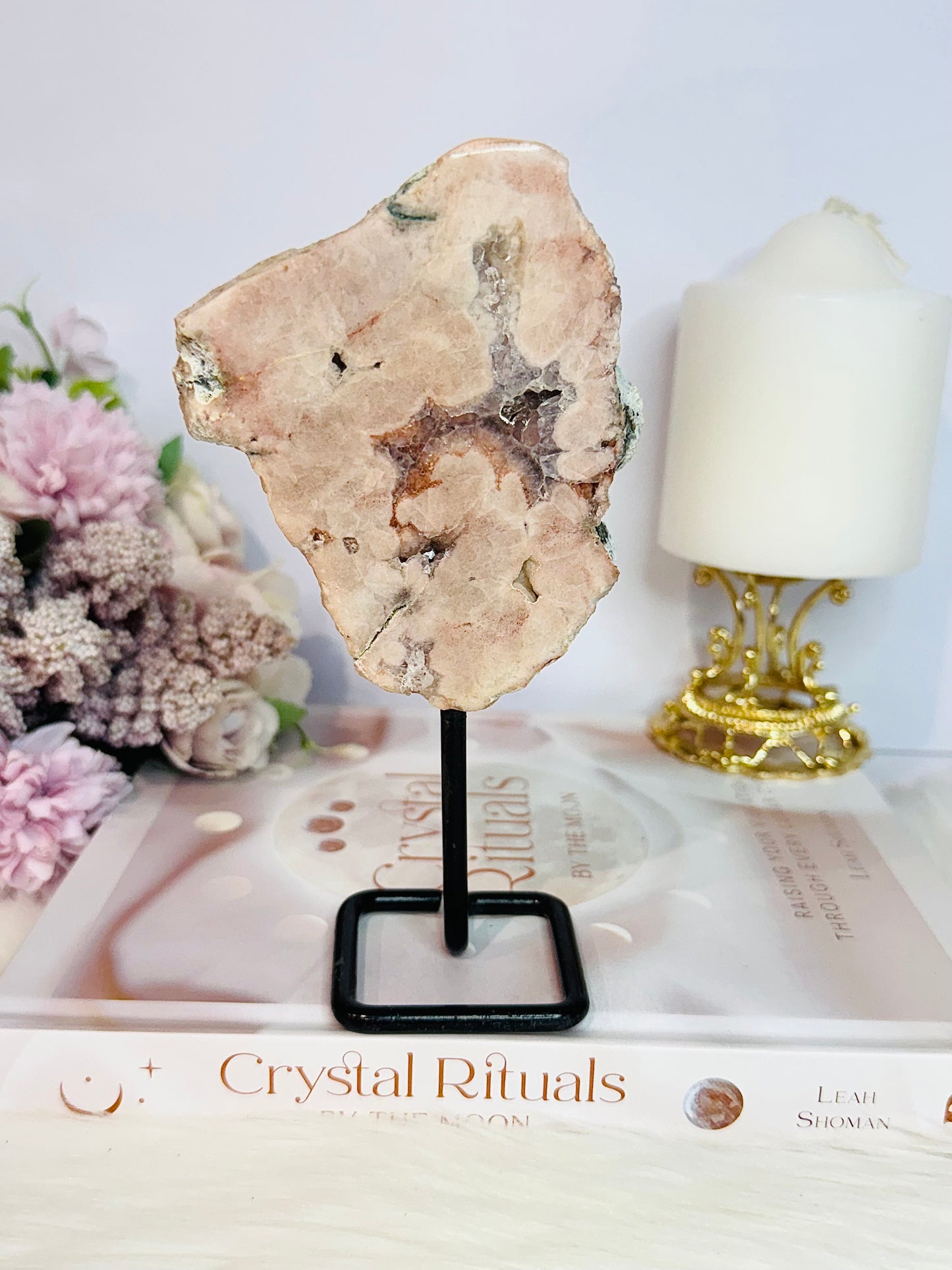 Beautiful 16cm Natural Druzy Polished Pink Amethyst Slab On Stand From Brazil