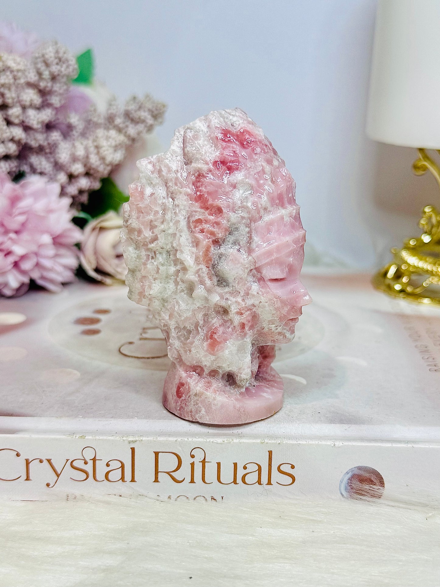 Pink Opal Carved Indian Head 8cm