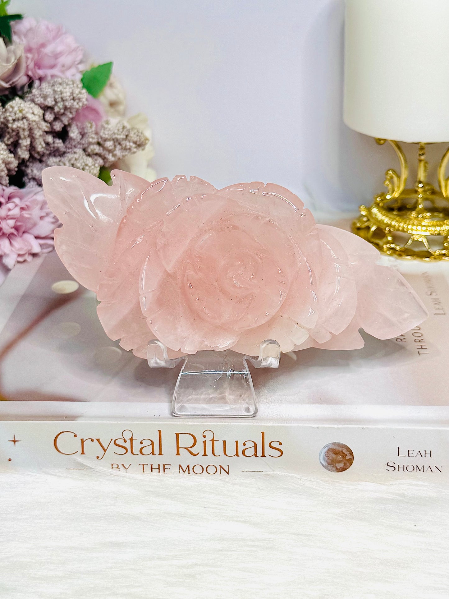 Large Rose Quartz Carved Rose on Stand 15cm