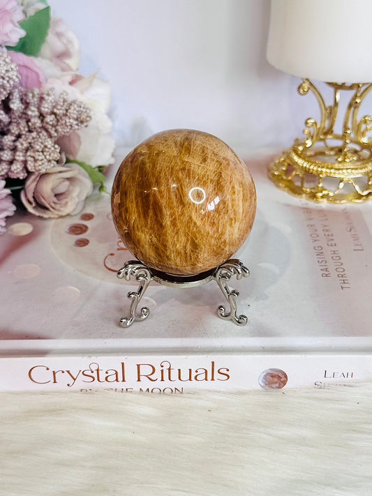 Natural Moonstone Carved Sphere 238grams On Stand