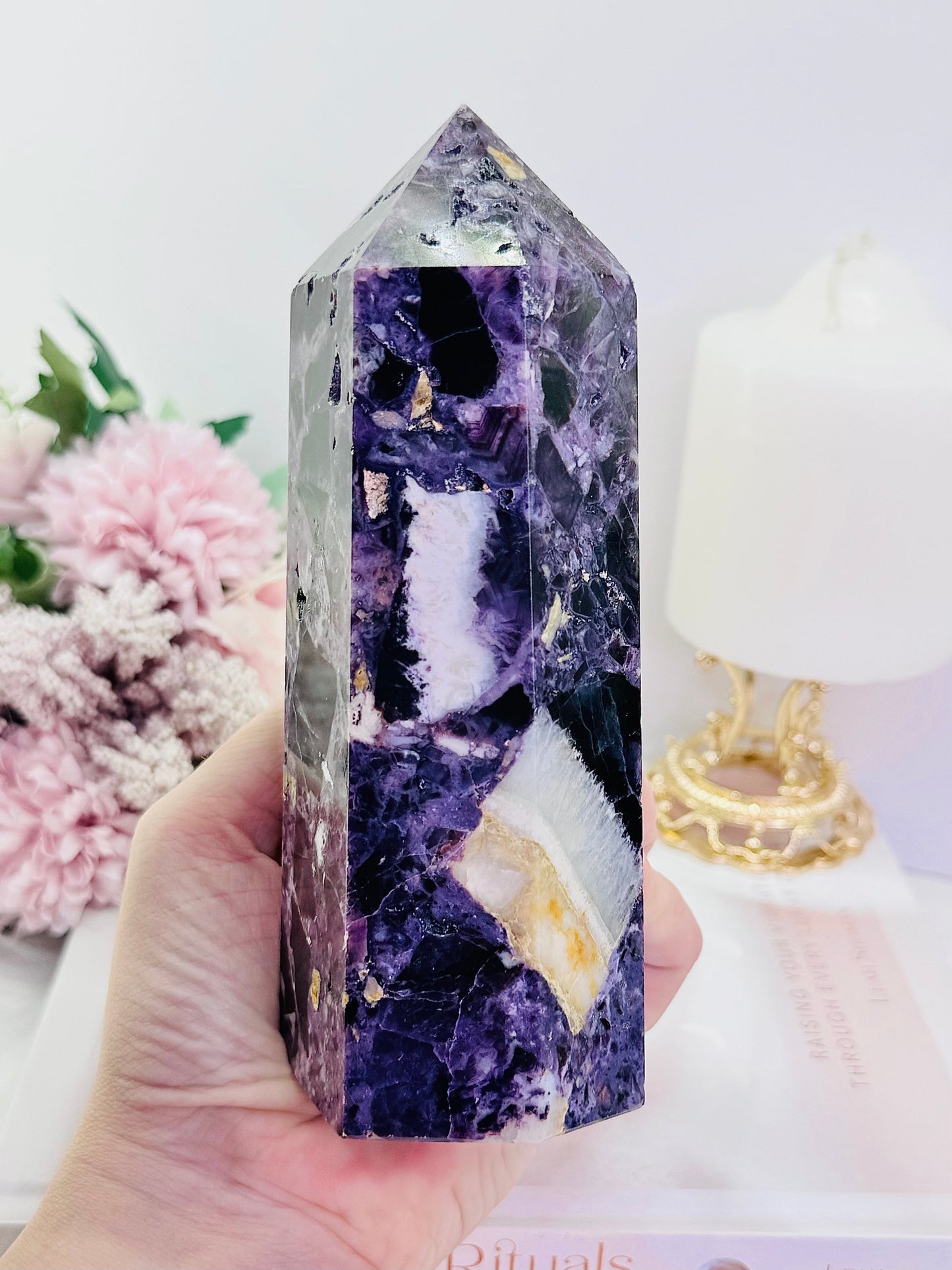 Large 16cm Chunky 865gram Purple Root Fluorite Tower