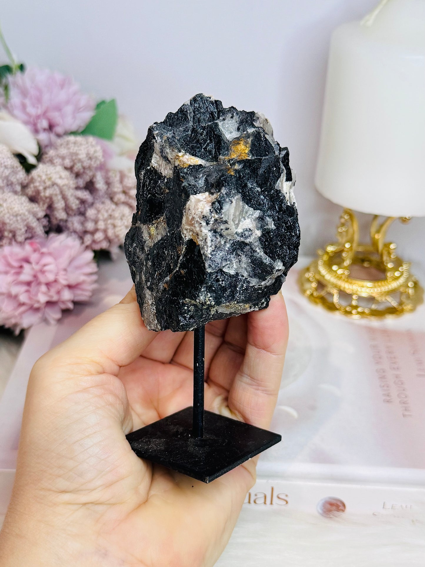 Black Tourmaline In Matrix Natural Specimen on Stand 12cm
