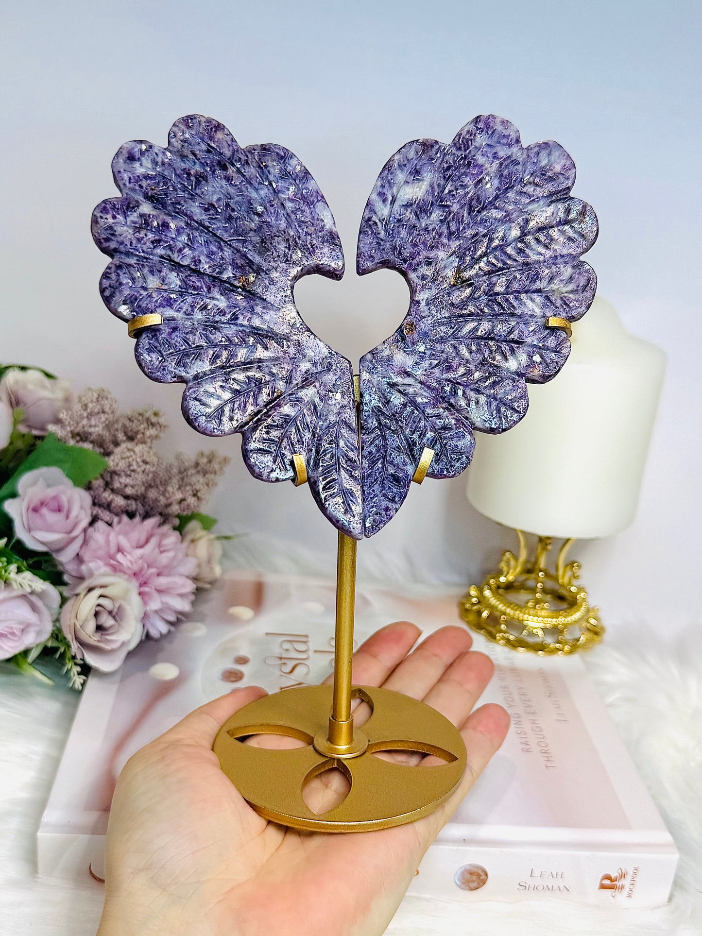 Large Lepidolite Feather Style Heart On Stand 20.5cm