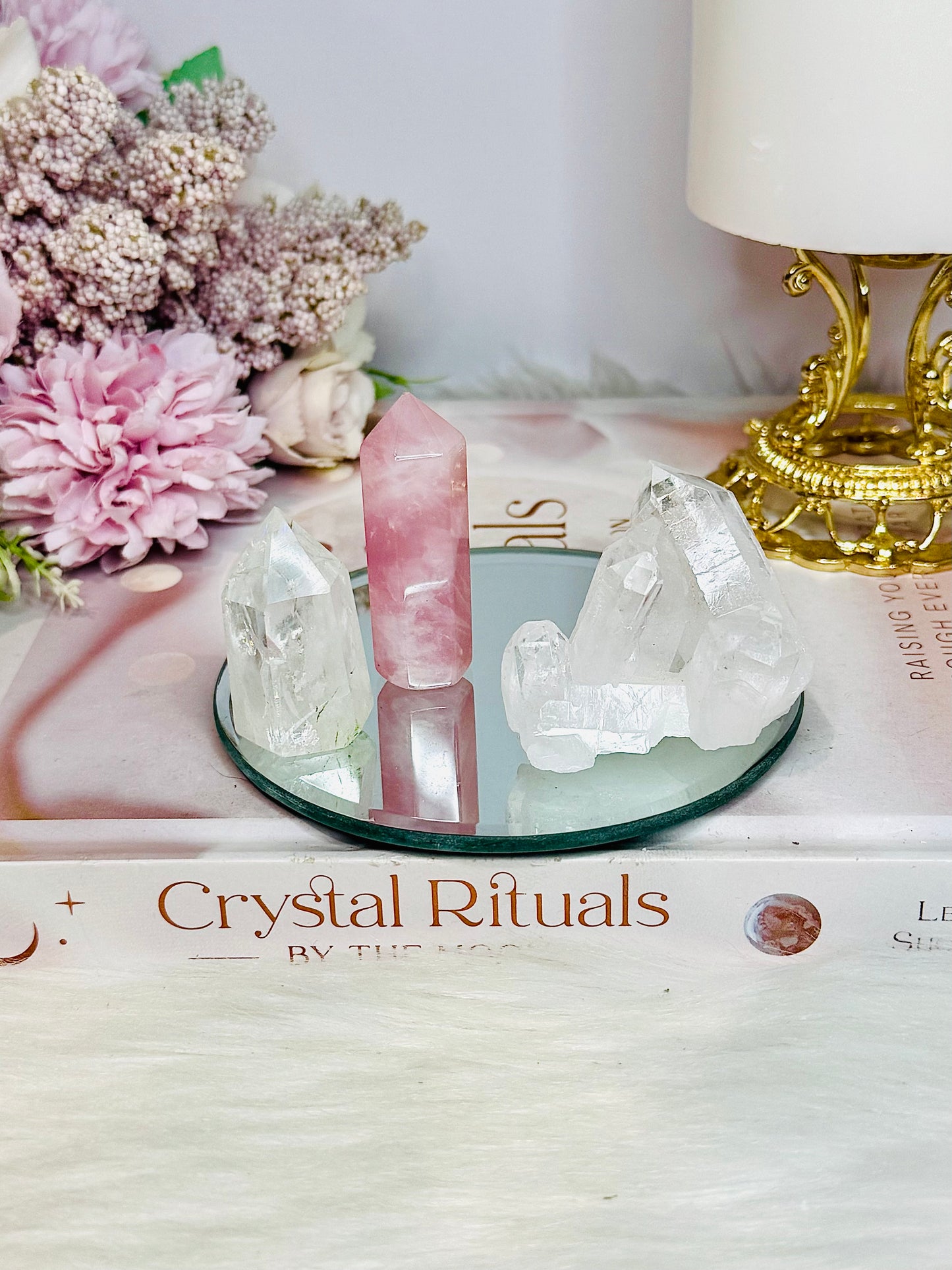 Gift Set ~ Mirror Tray 10cm Rose Quartz & Clear Quartz Towers