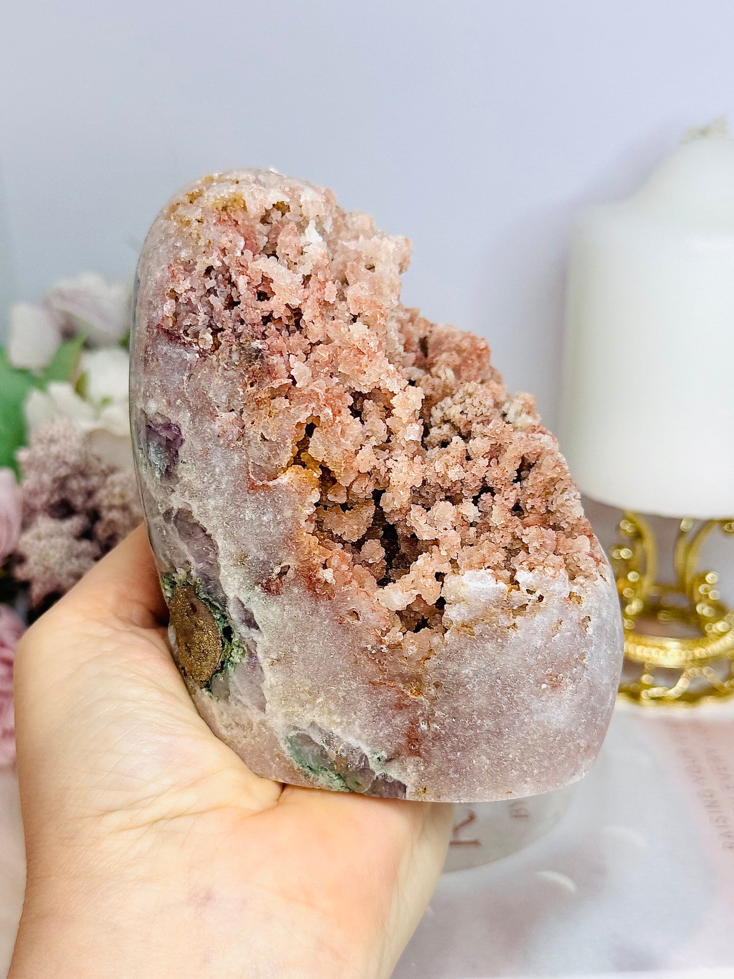 Large Natural Pink Amethyst Base Cut Freeform Cluster with Green Jasper Inclusions 962g