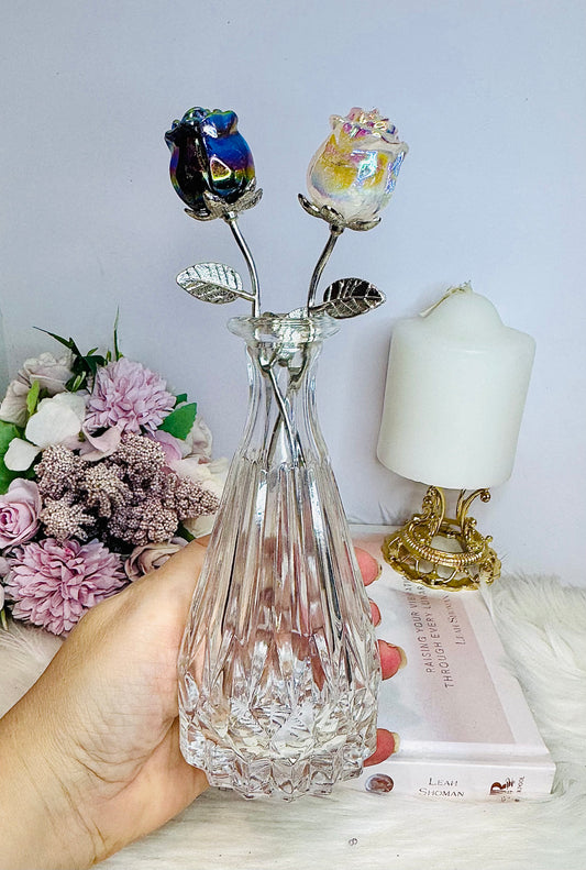 Glass Vase with Aura Amethyst & Quartz Flowers 20cm