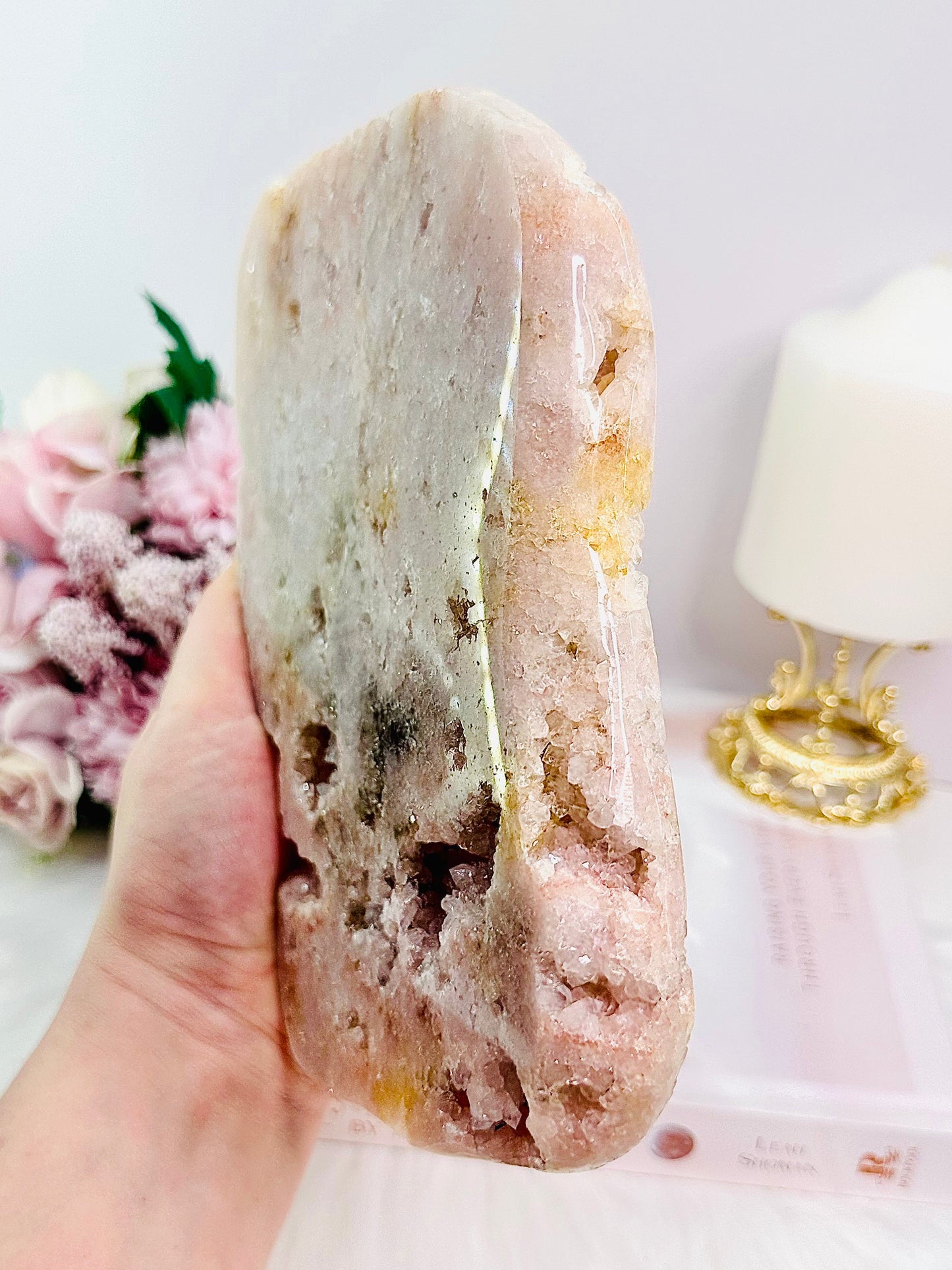 Huge 20cm Chunky 1.2KG Druzy Pink Amethyst Slab | Platter from Argentina On Stand