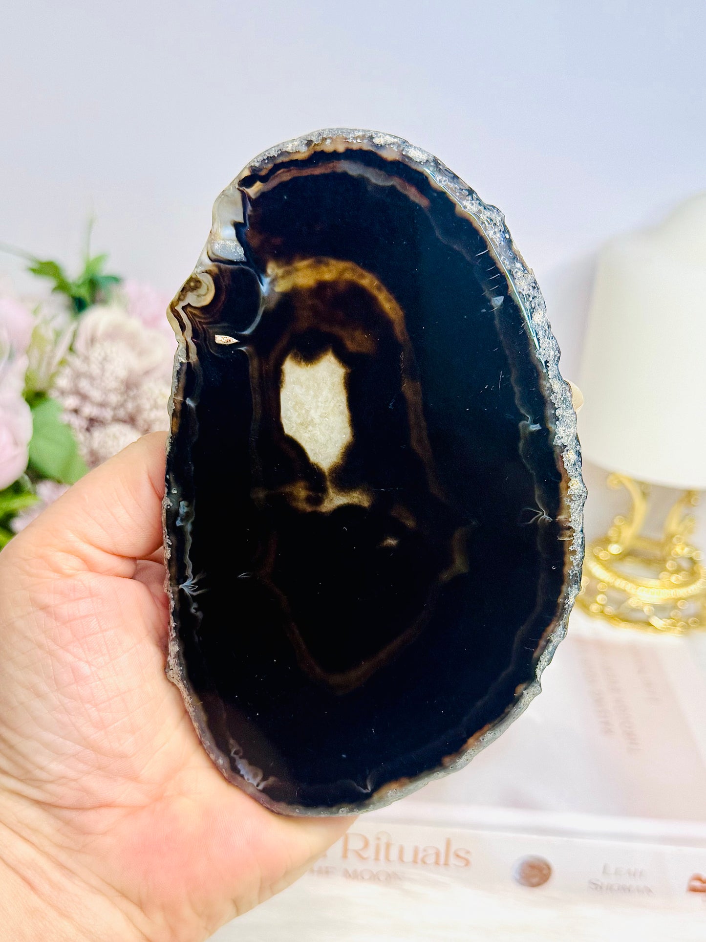 Natural Black Agate Slice On Stand 14cm