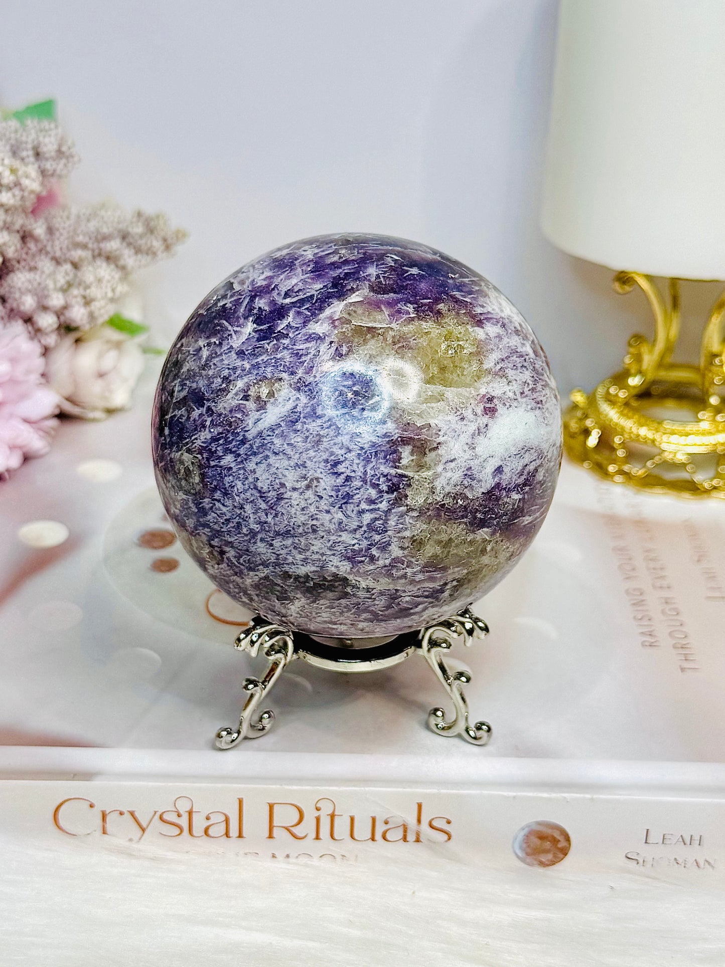 Natural Large Pegmatite | Unicorn Stone (Lepidolite, Pink Tourmaline, Smoky Quartz and Cleavelandite) Sphere on Stand 661g