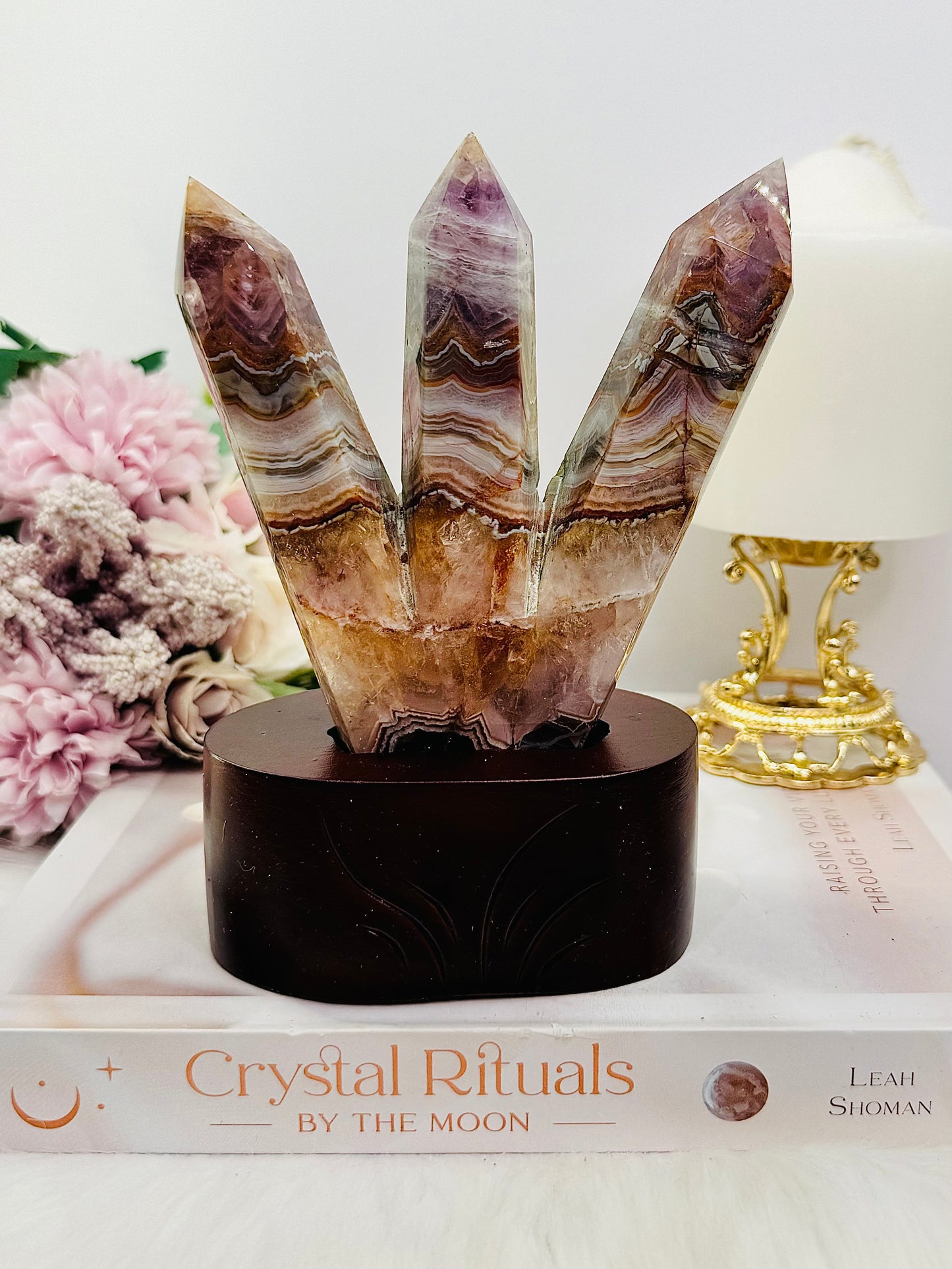Gorgeous 15cm Tall Triple Amethyst X Agate Point Towers on Timber Stand