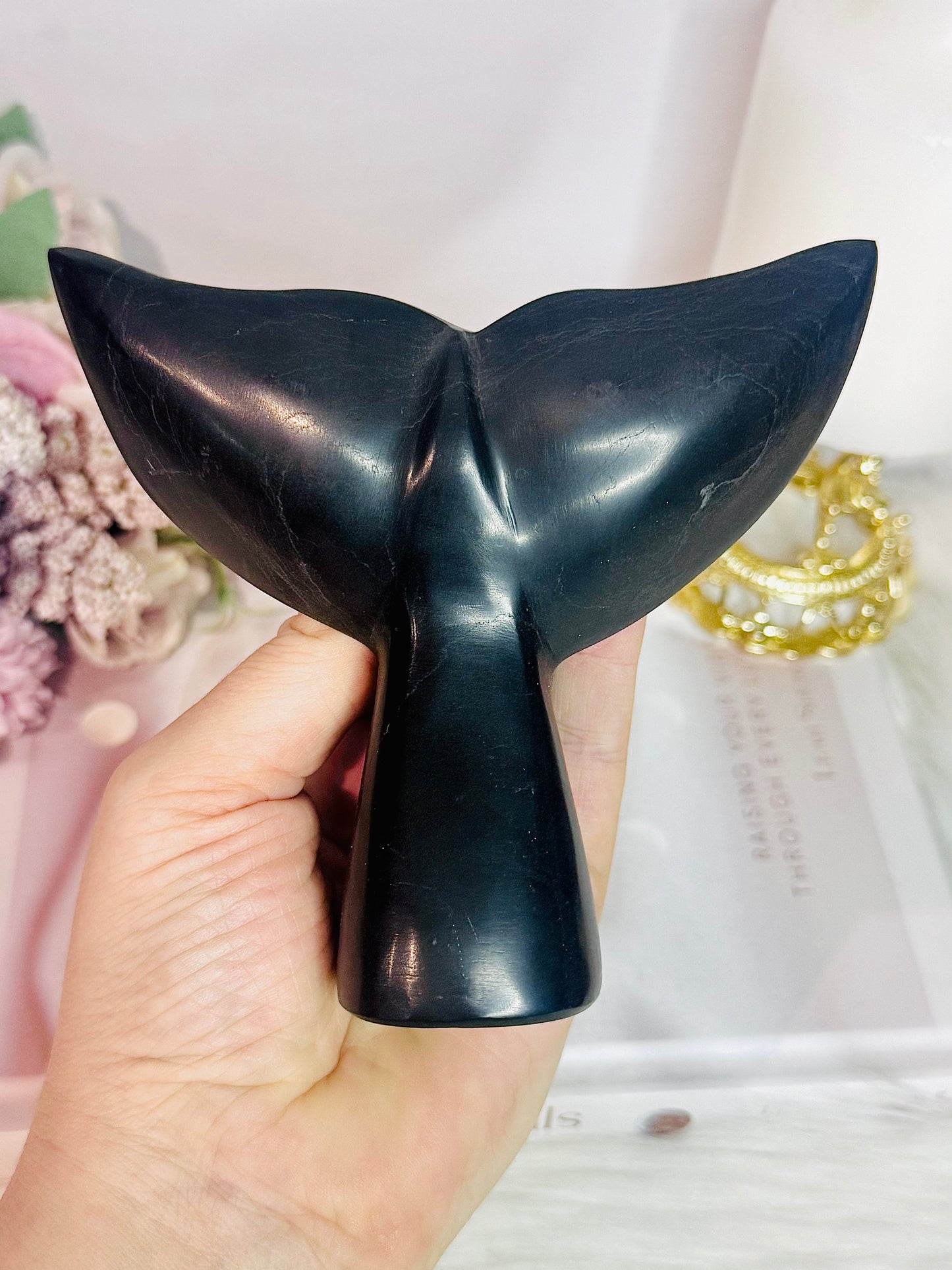 Black Aragonite Carved Whale Tail 12cm