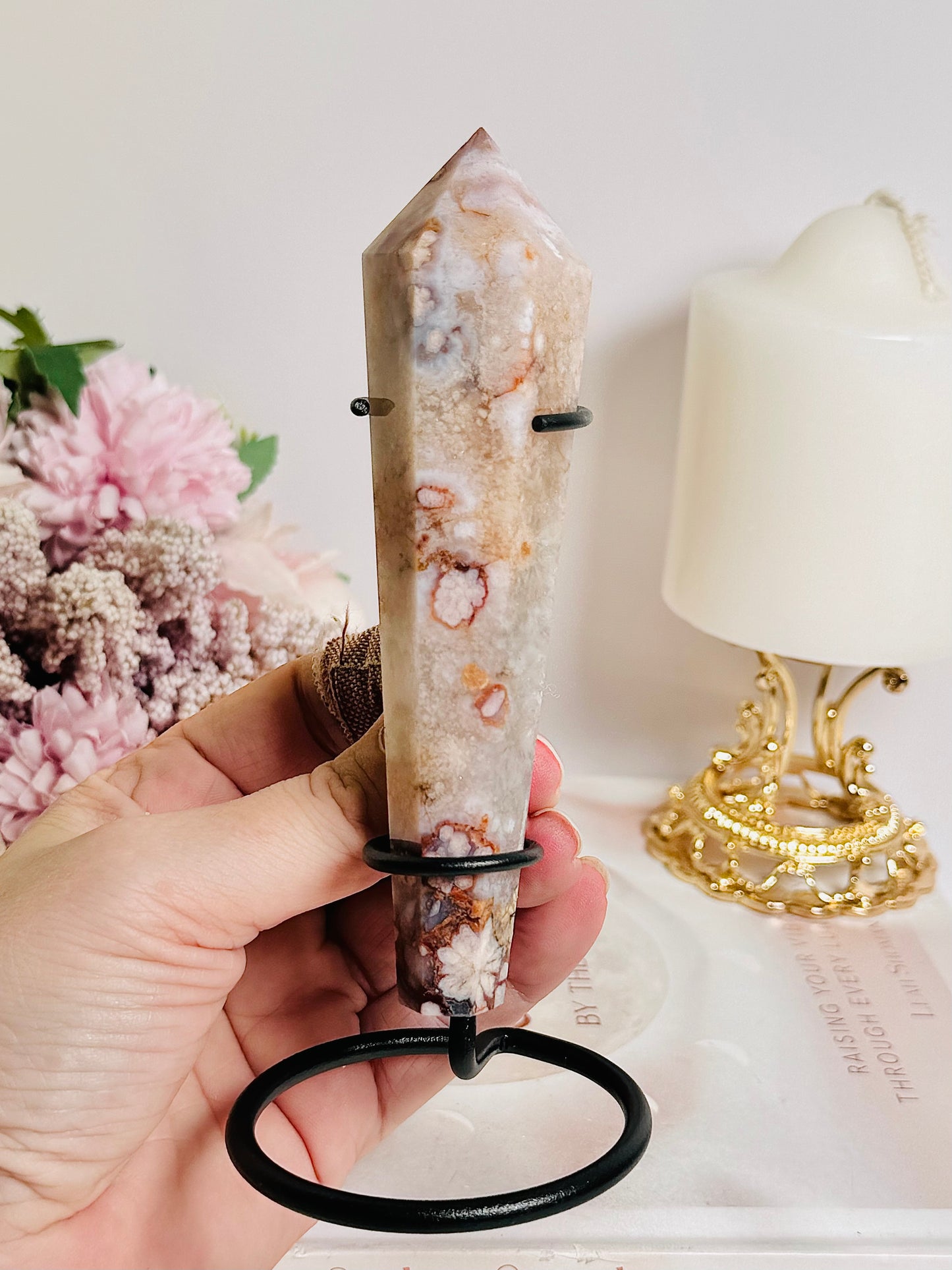 Flower Agate Carved Wand On Stand 15cm