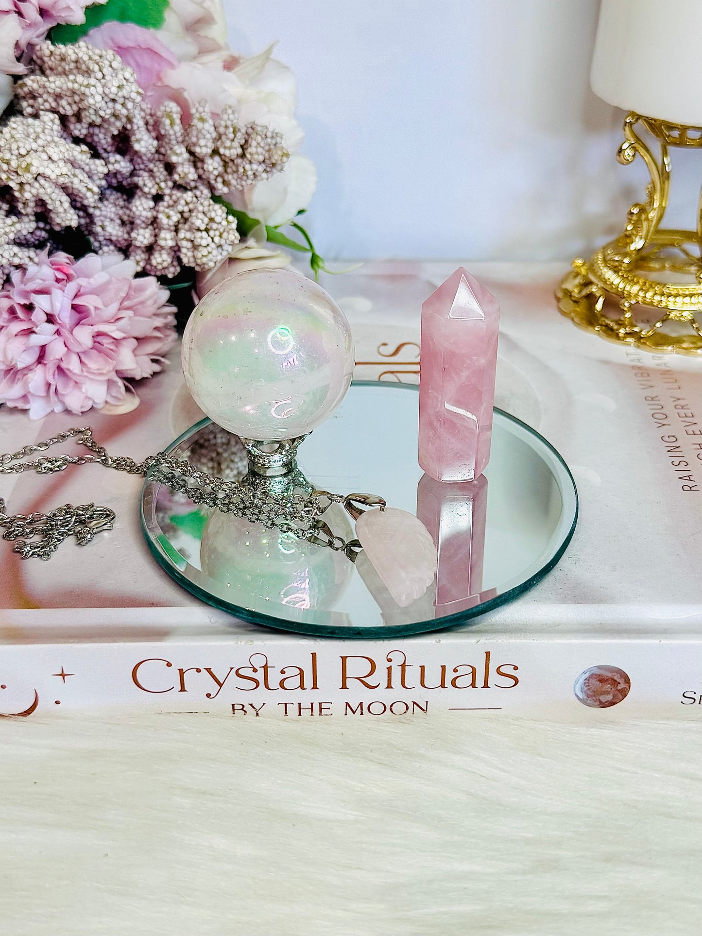 Rose Quartz Gift Set ~ Angel Aura Rose Quartz Sphere, Rose Quartz Tower & Rose Quartz Wing Necklace on Mirror Tray 10cm