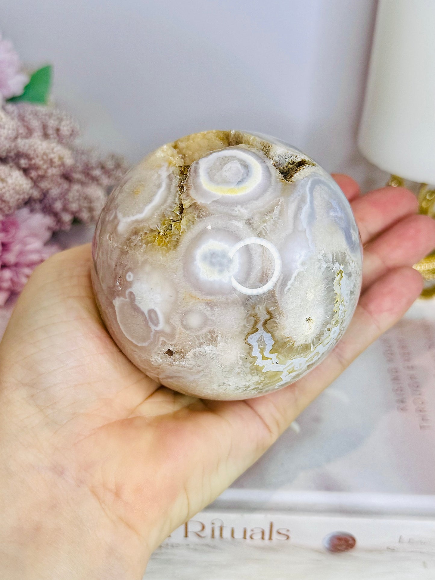 Large Flower Agate Druzy Sphere 646g On Stand
