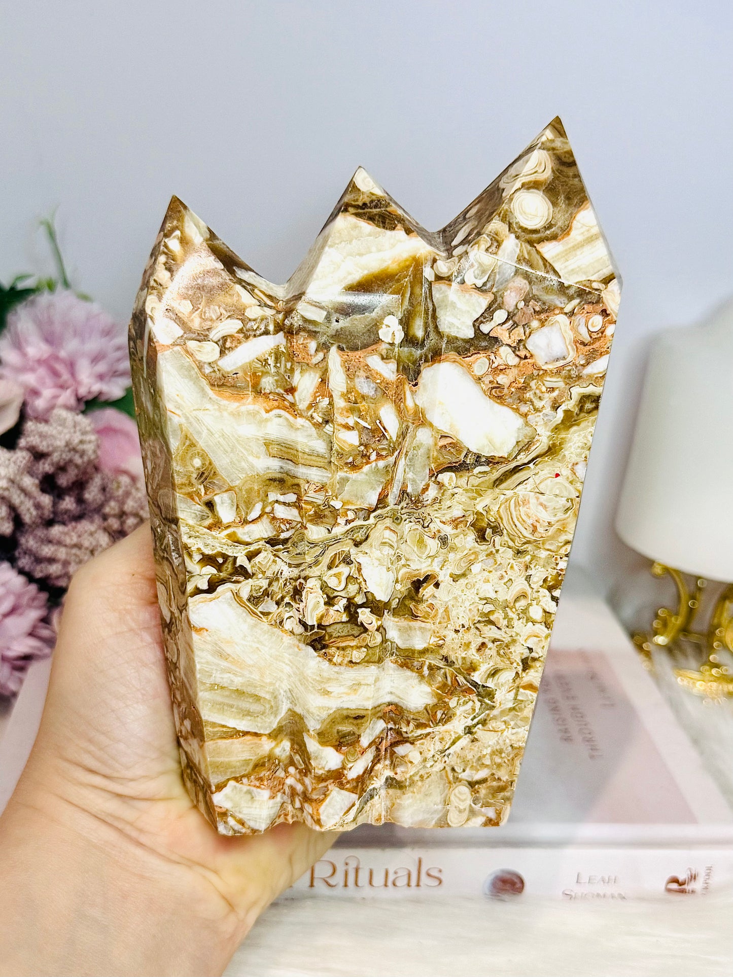 Large Cherry Amber Agate Druzy Triple Tower 15cm Tall 1.09KG