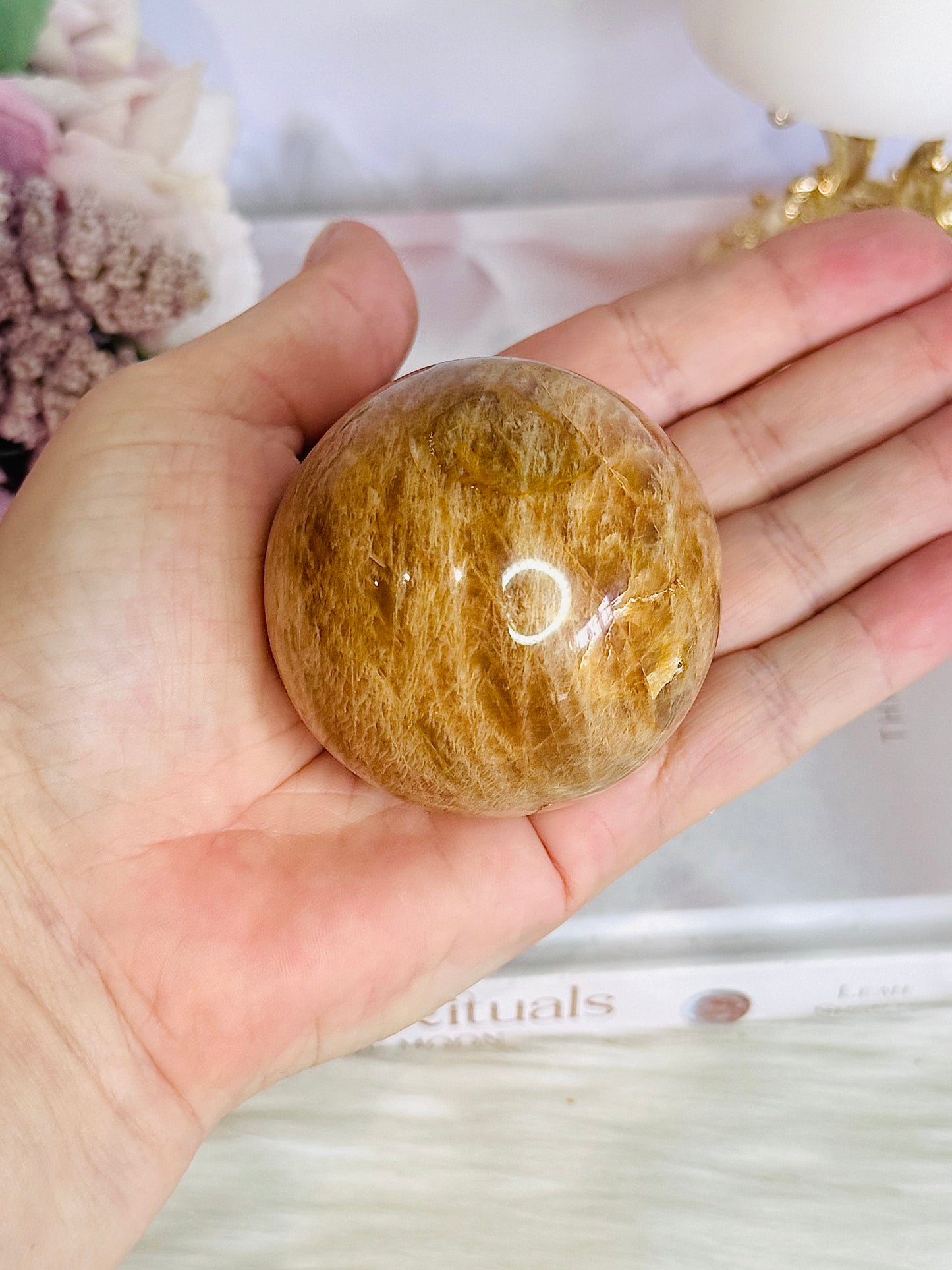 Natural Moonstone Carved Sphere 238grams On Stand