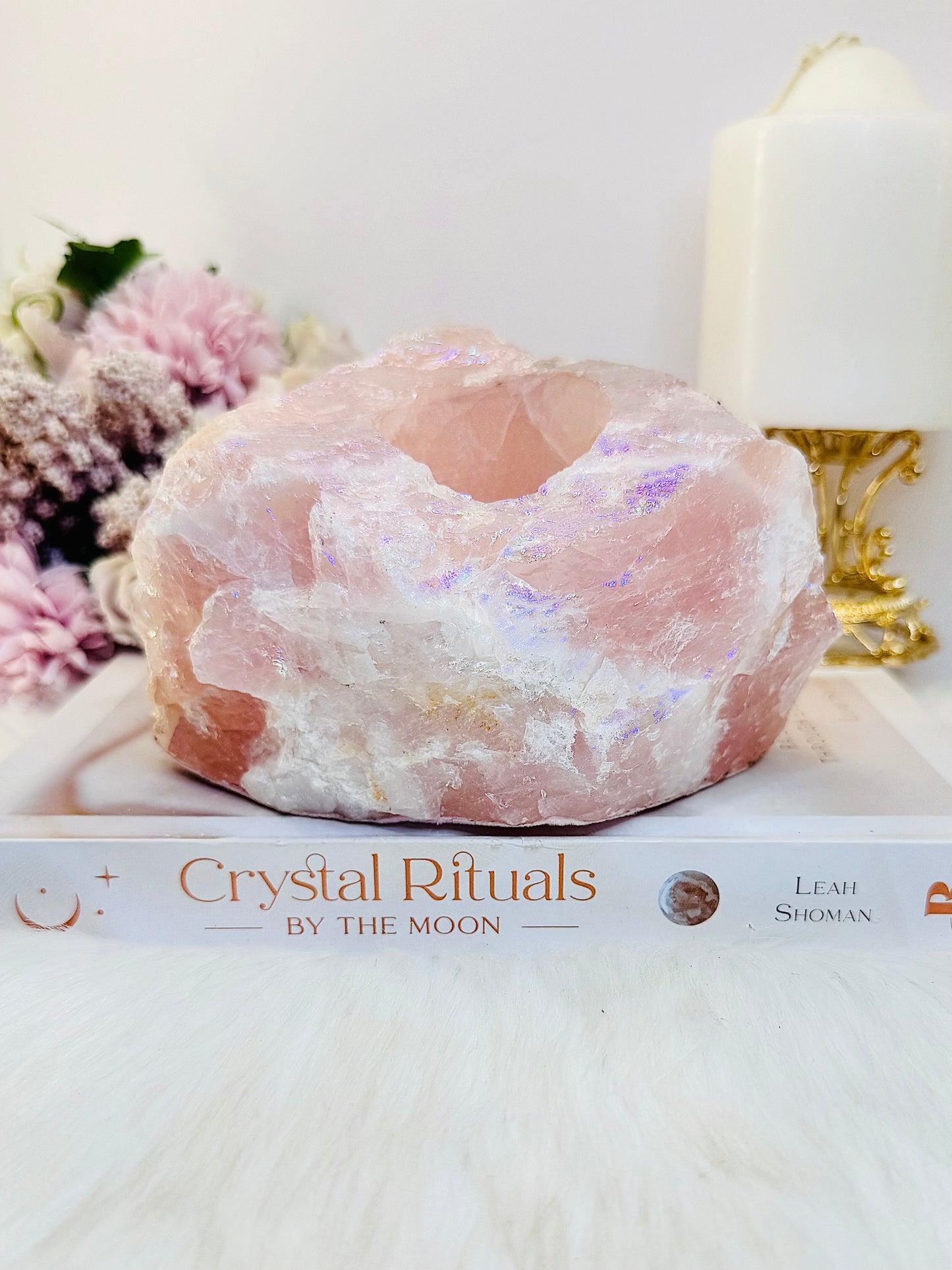 So Pretty!!!! Large Chunky 1.2KG 14cm Angel Aura Rose Quartz Candle Holder