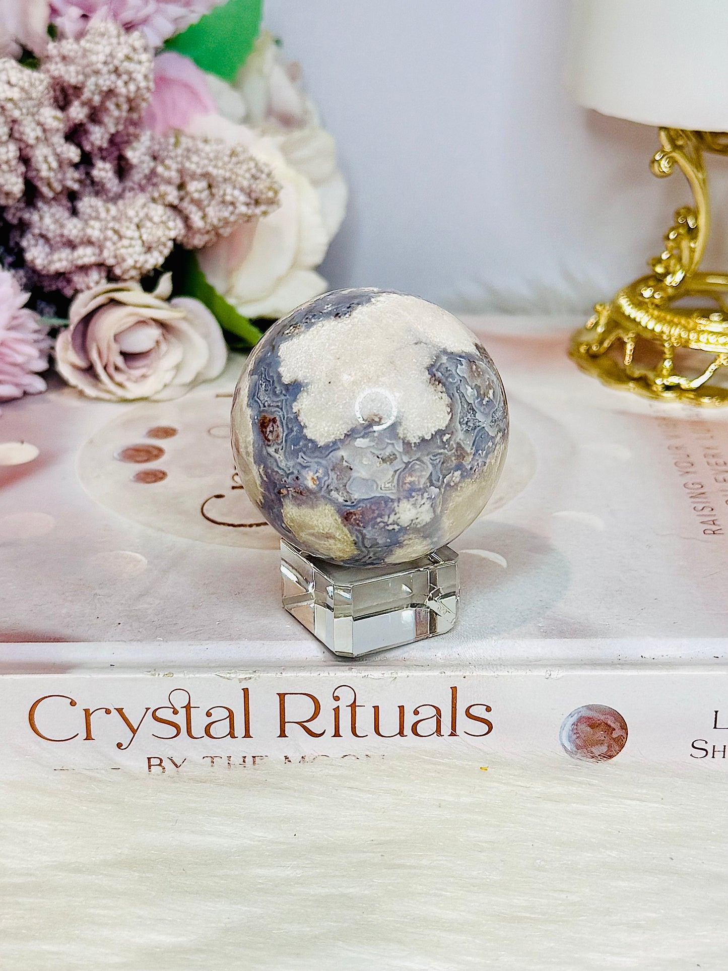 Rare Blue Flower Agate Sphere on Stand 152g