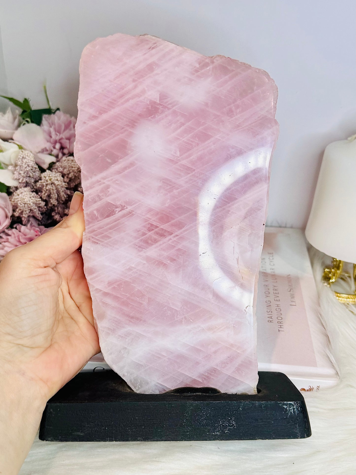 Natural Large Rose Quartz Chunky Slab on Timber Stand 1.53KG 24cm