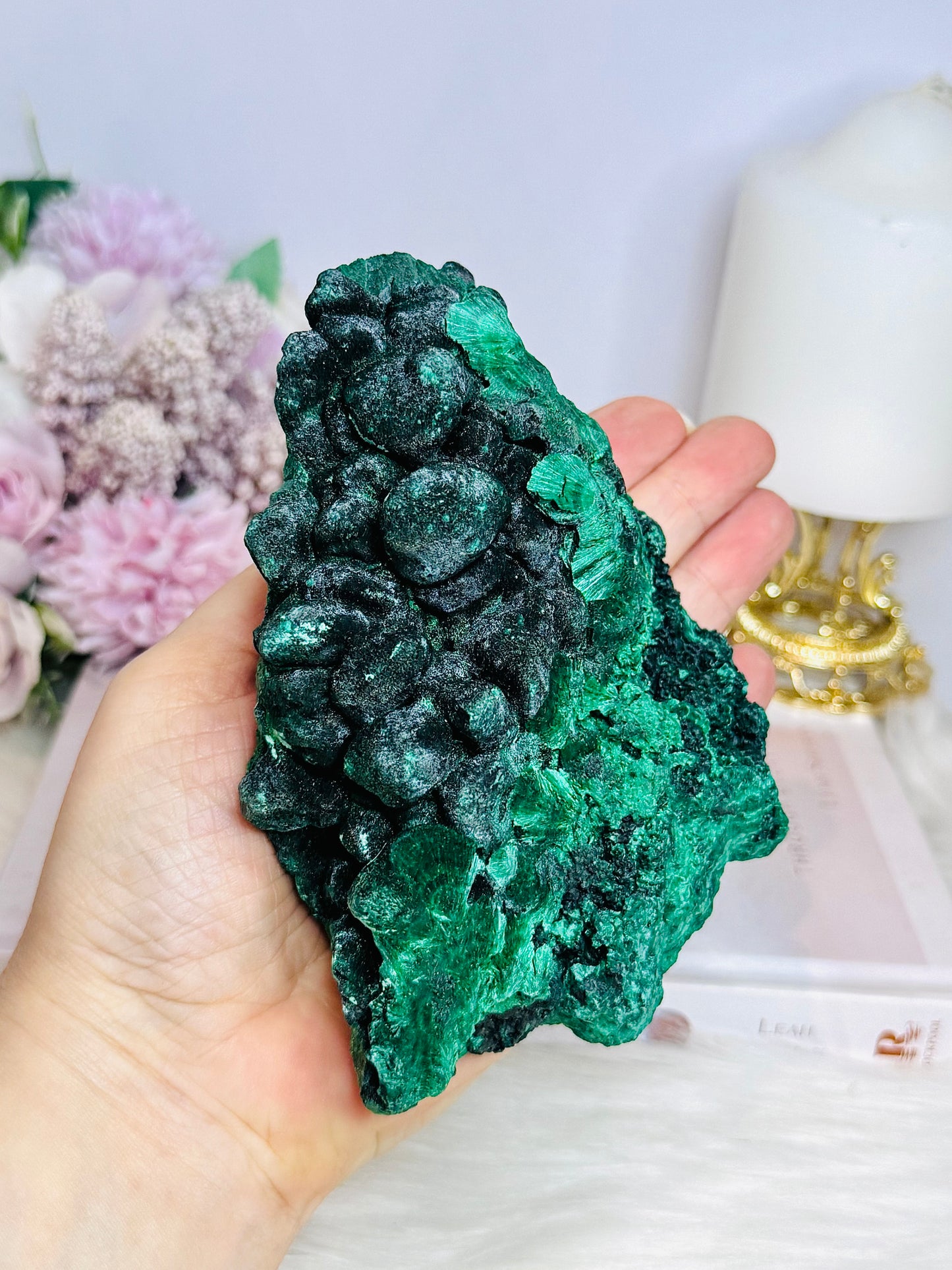 High Grade Velvet Botryoidal Malachite Natural Specimen on Stand 882g 15cm