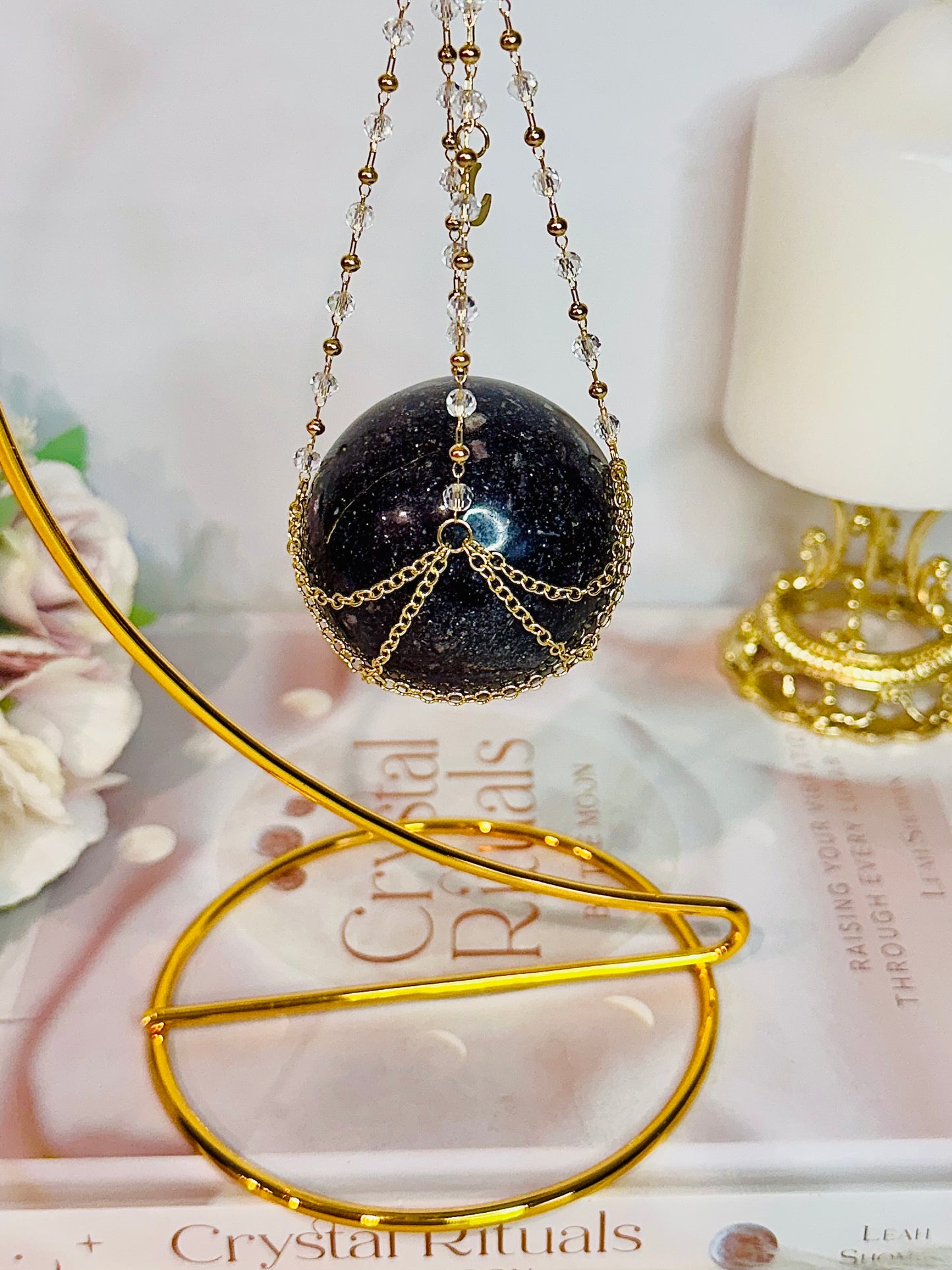 Super Stunning Gold Stand with Purple Lepidolite | Mica Sphere 24cm