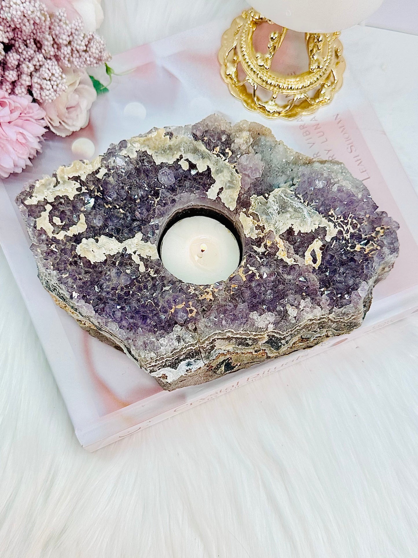 Large 1.26KG 20cm Amethyst Cluster Candle Holder With Calcite Inclusions From Brazil