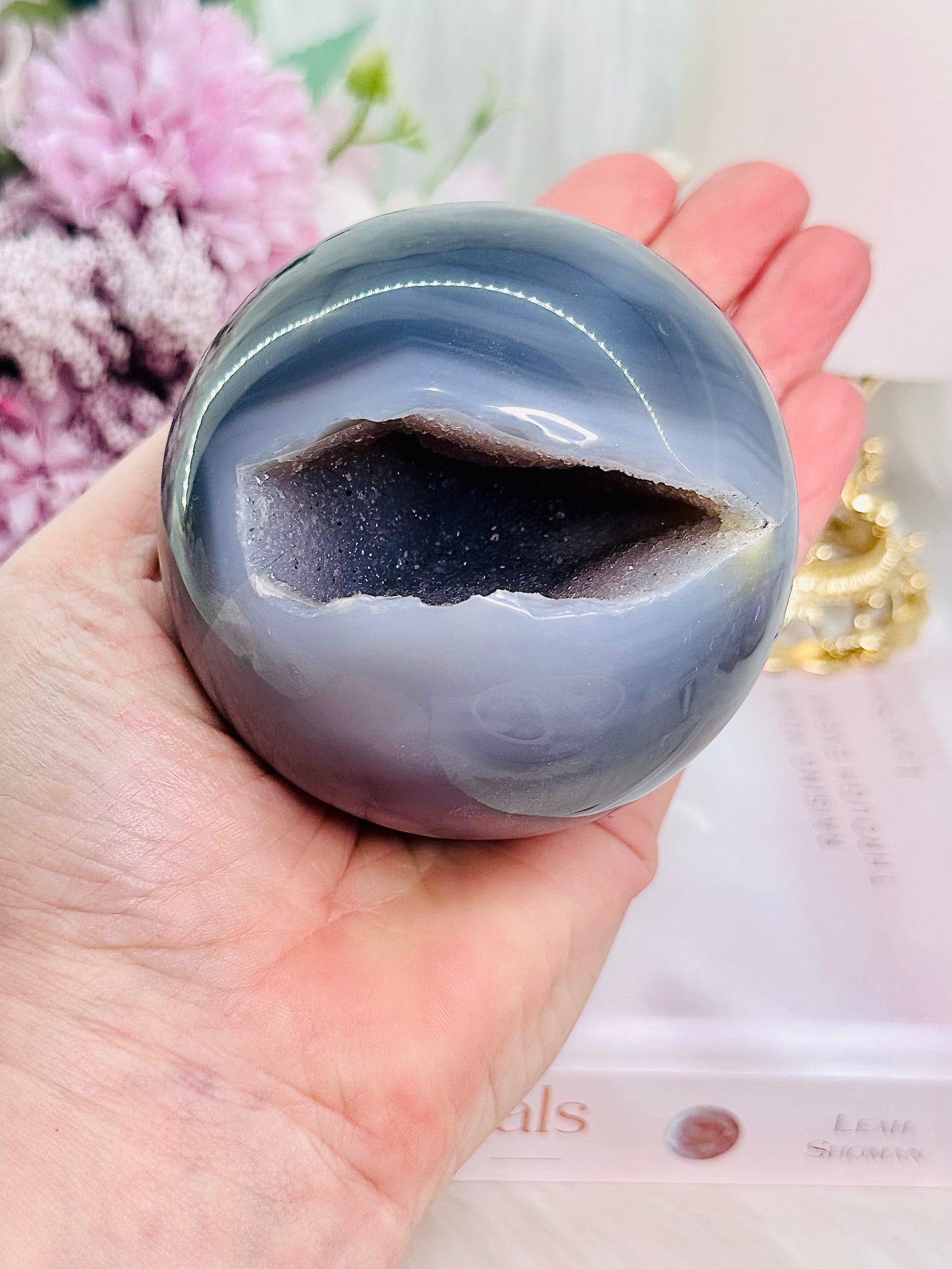 Wow!!!! What A Stunner!!! Large 536gram Druzy Agate Sphere on Silver Stand From Brazil (Glass stand in pic is display only)