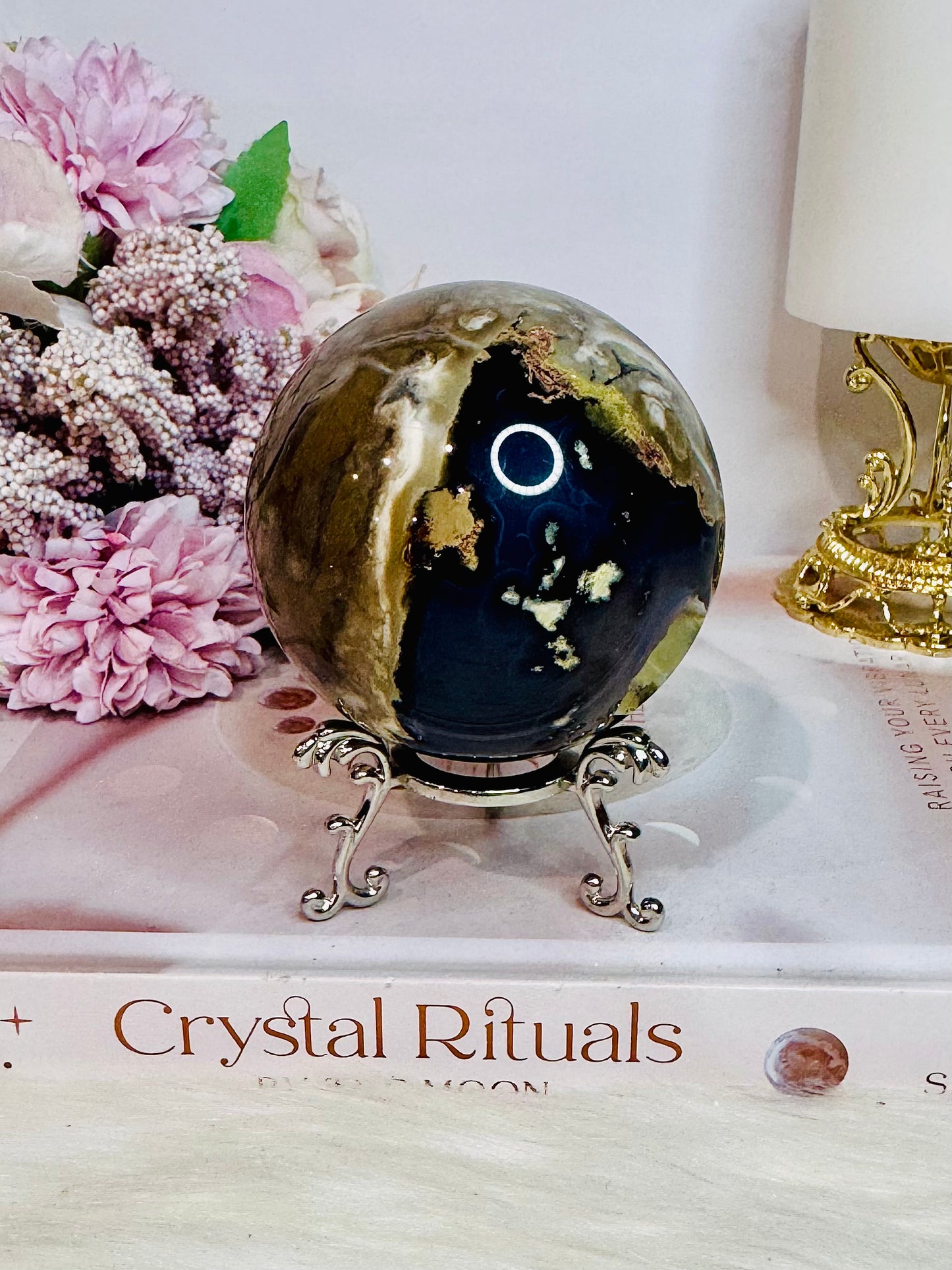 Natural Volcano Agate Druzy Sphere UV Reactive On Stand 363grams