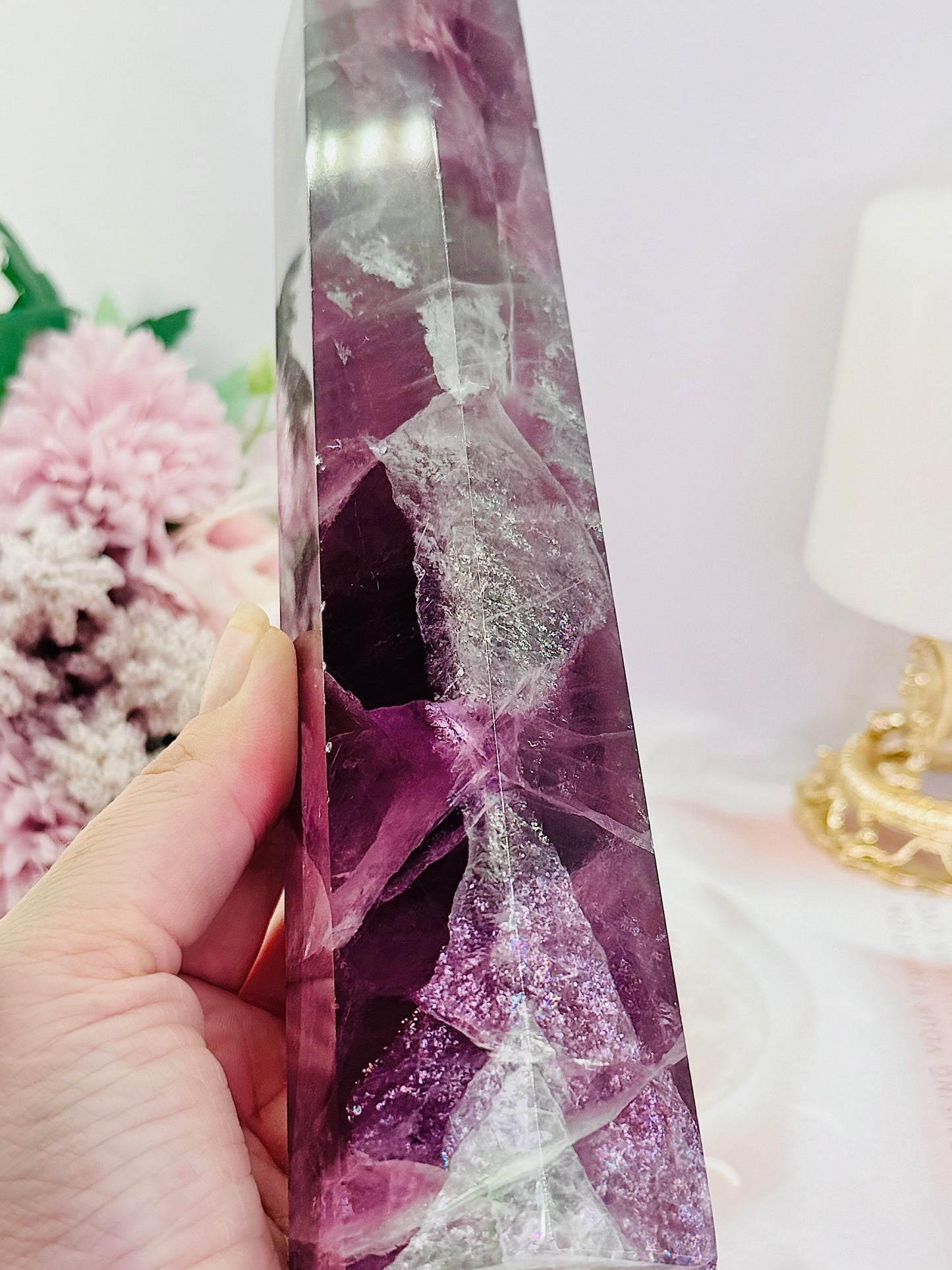 Fabulous Tall 23.5cm 968gram Purple Fluorite Tower with Rainbows