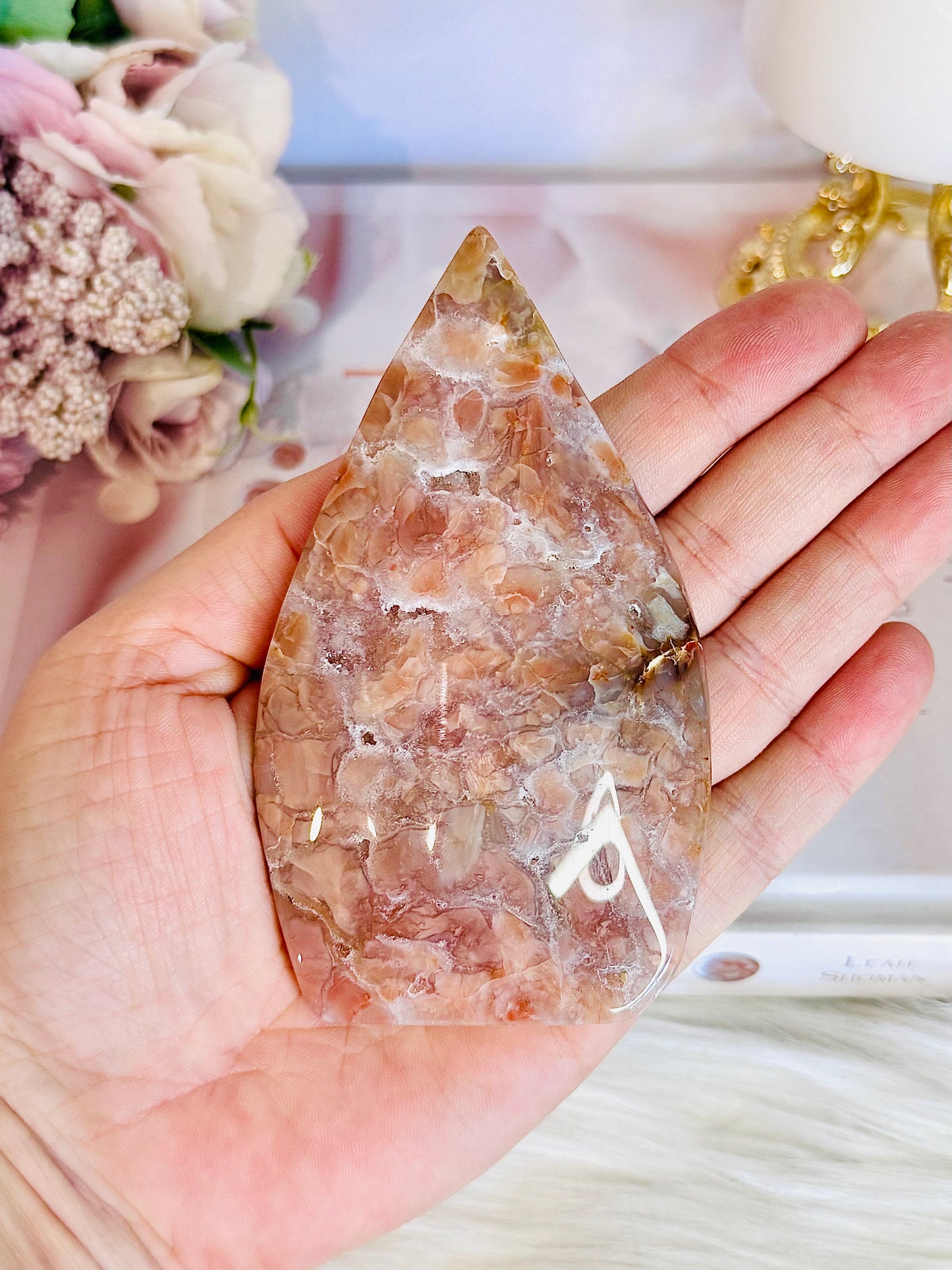 Pink Agate Carved Flame | Freeform on Stand