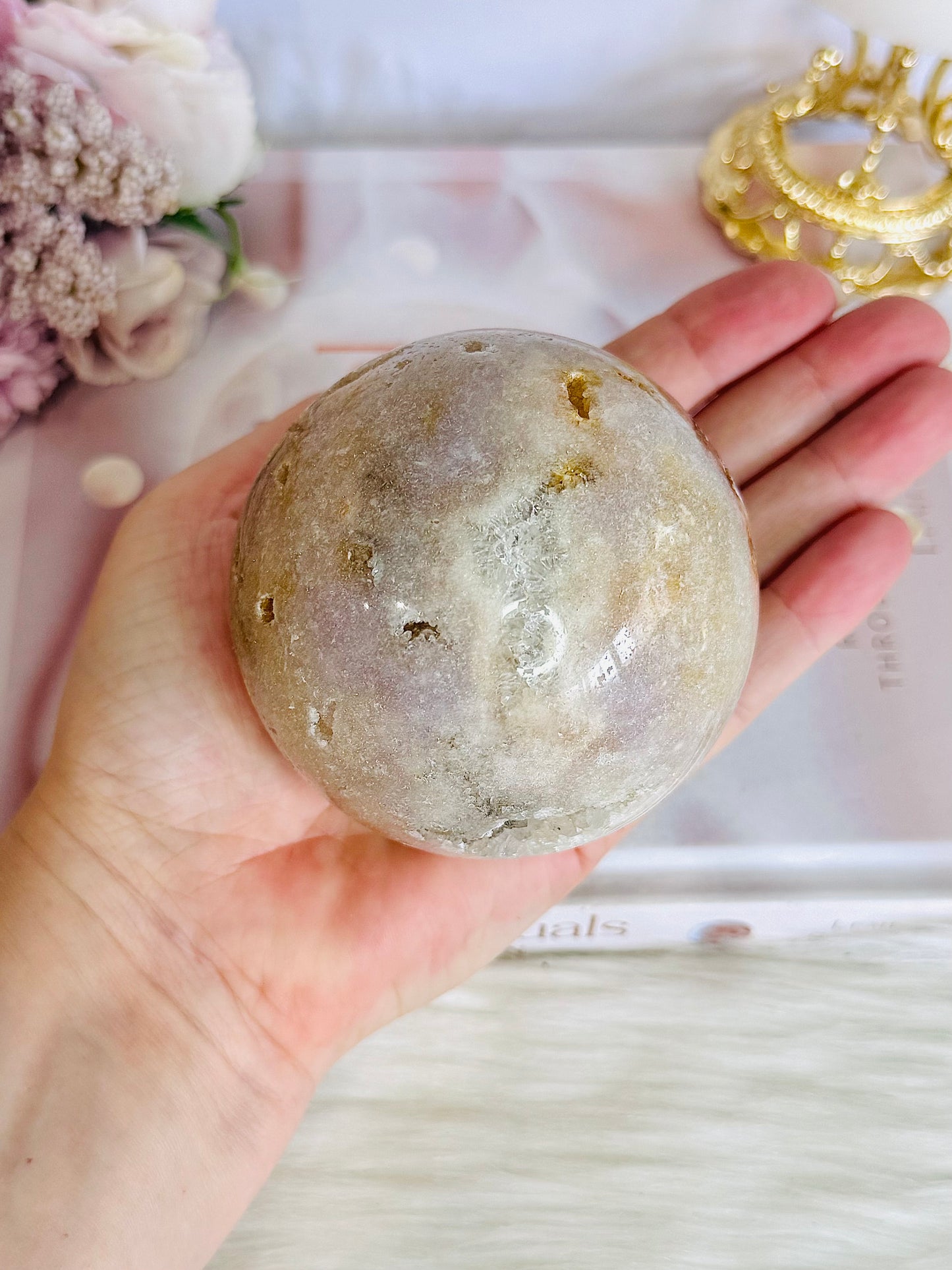 Stunning Druzy Pink Amethyst Large Sphere on Gold Tree Stand 578grams 20cm
